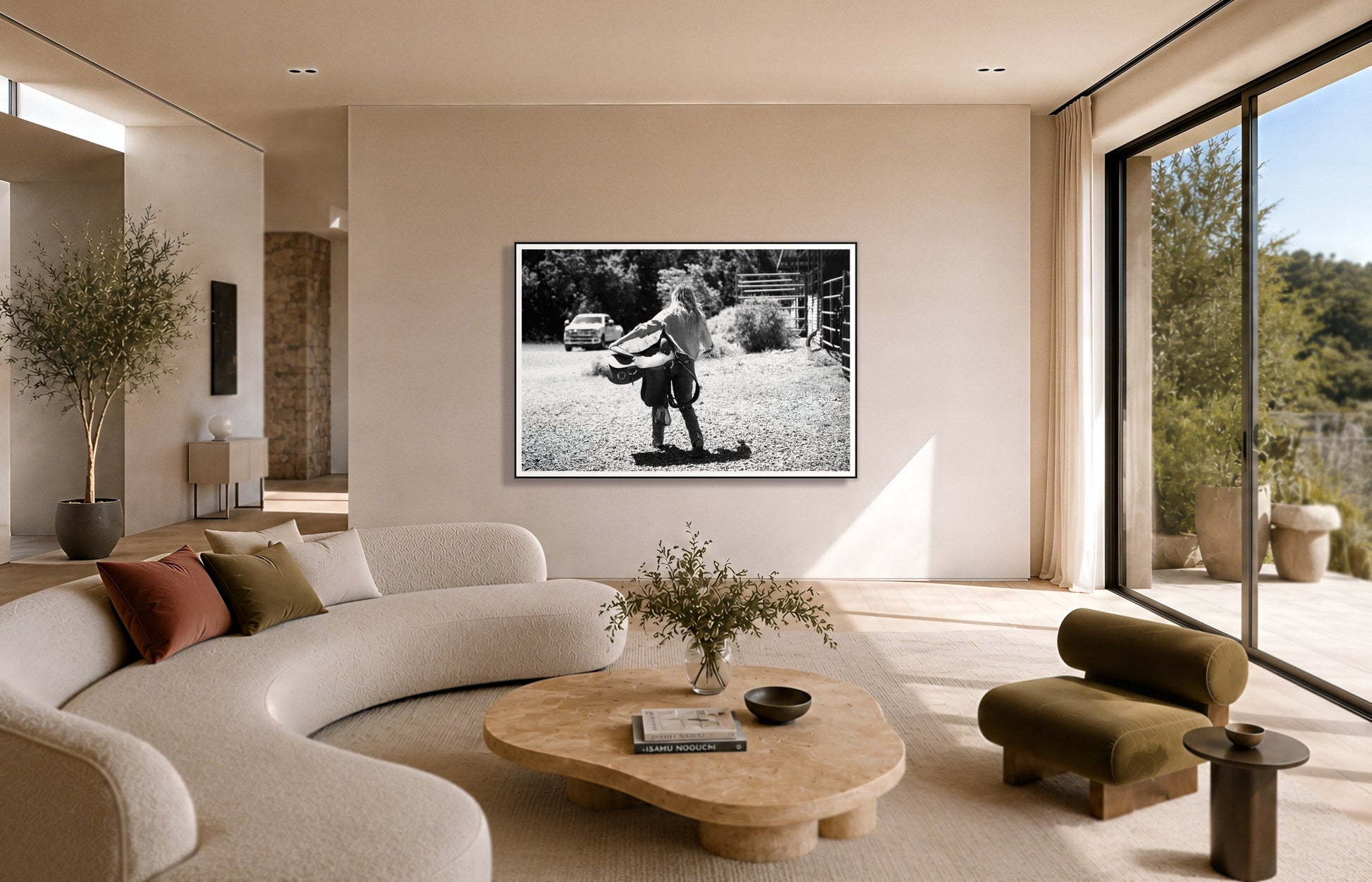 Saddle Up by Dylan Ozanich in a Black frame, above a cream curved sofa in a sunlit room with olive velvet seating