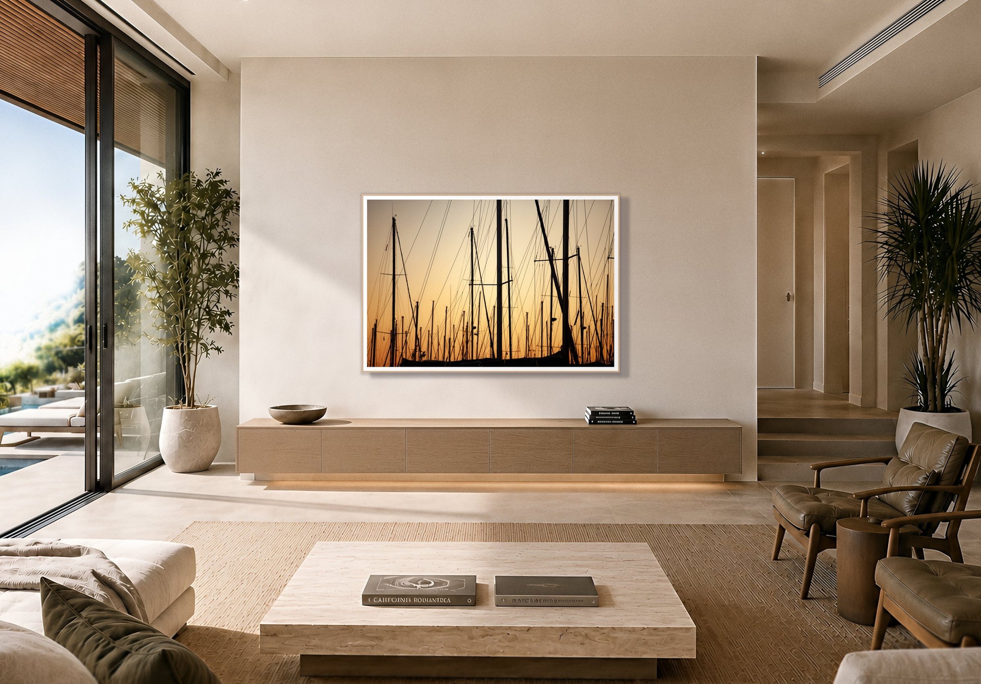 Sail by Dylan Ozanich in an Oak frame, above a floating oak credenza in a minimalist room opening onto a pool terrace