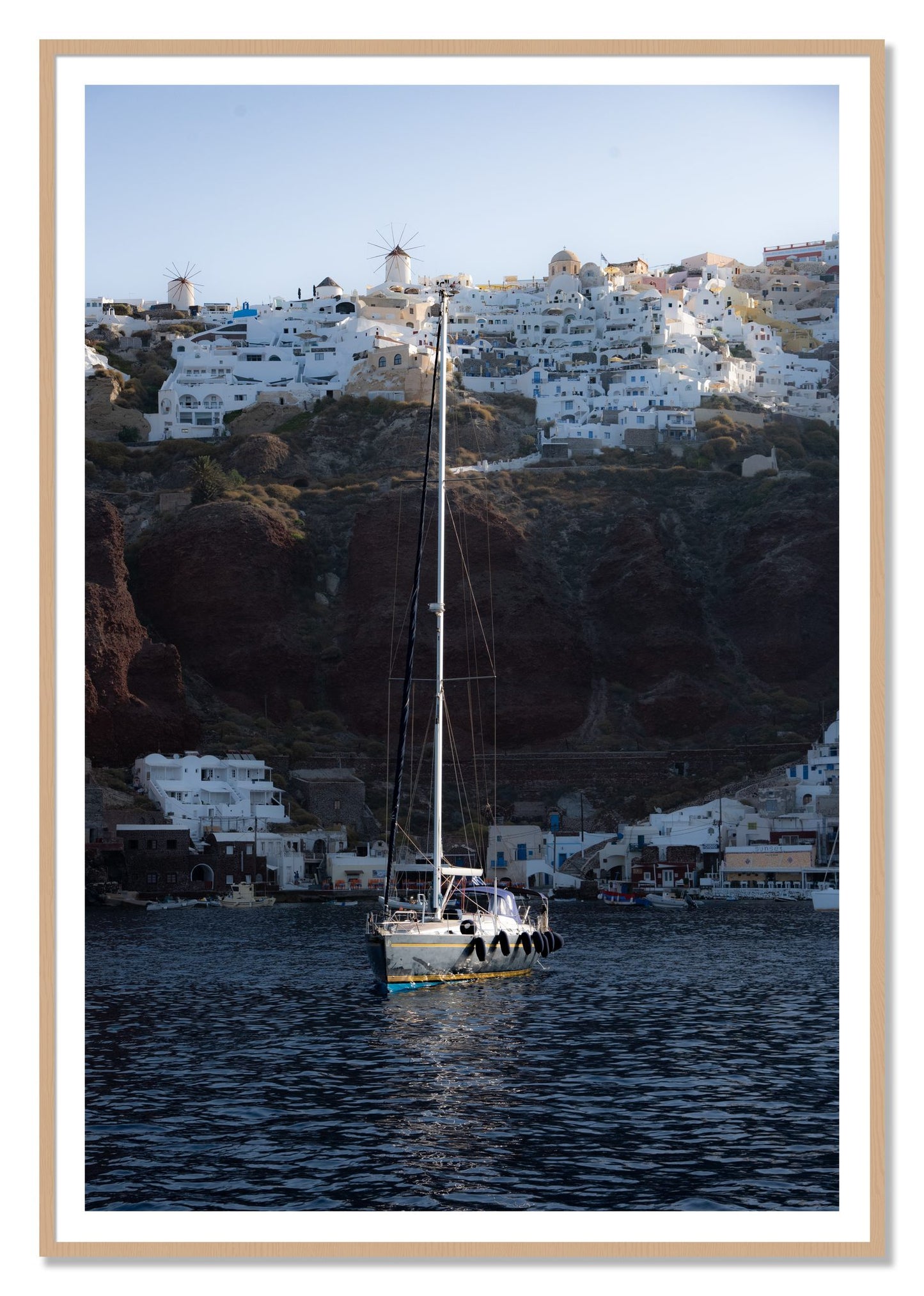 Sailing In Greece by Dylan Ozanich, 48×72 print with a White Border in an Oak frame