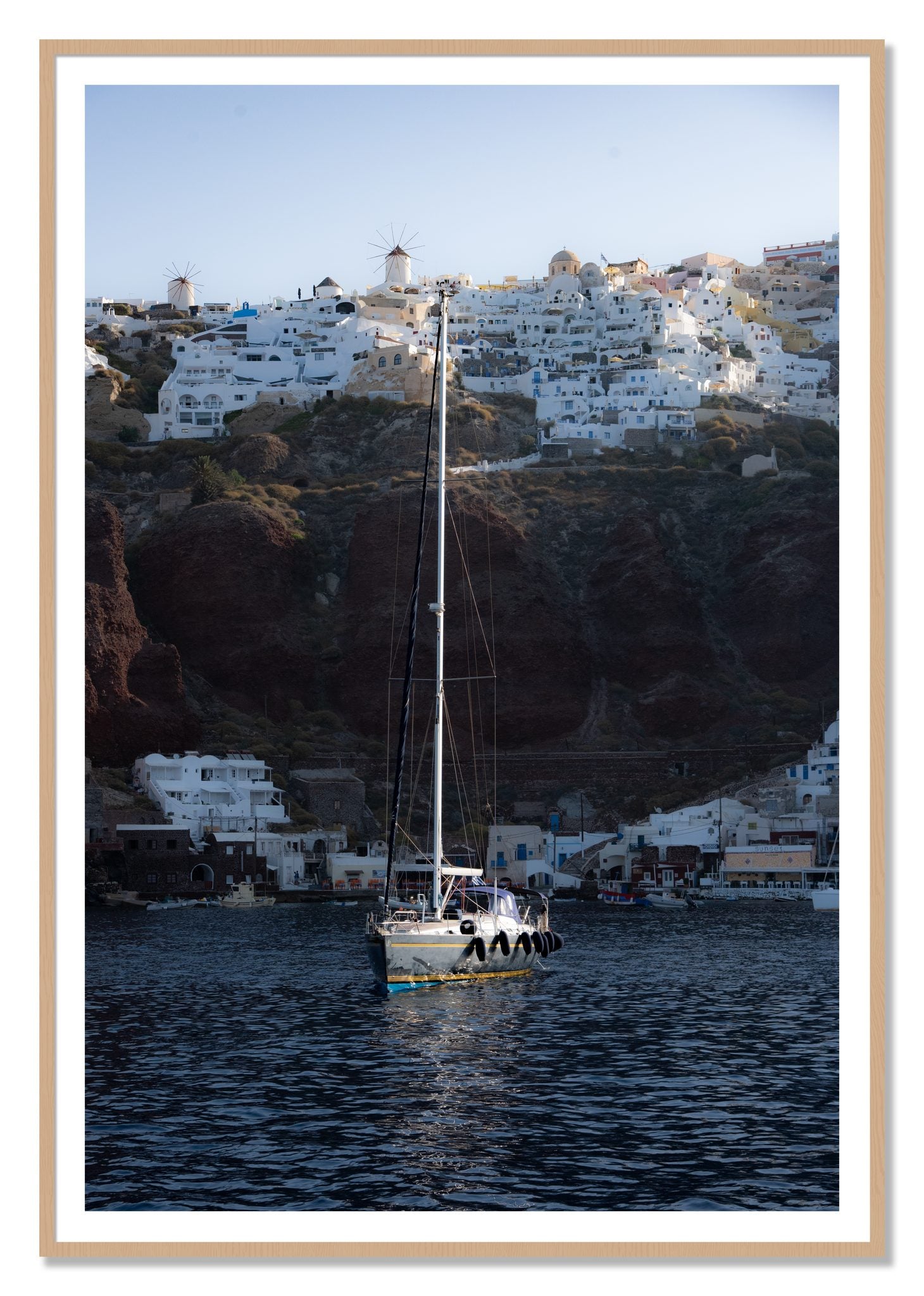 Sailing In Greece by Dylan Ozanich, 48×72 print with a White Border in an Oak frame