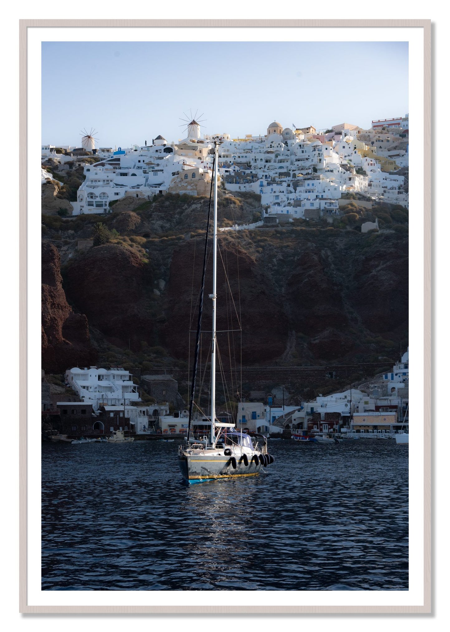 Sailing In Greece by Dylan Ozanich, 48×72 print with a White Border in a White Maple frame
