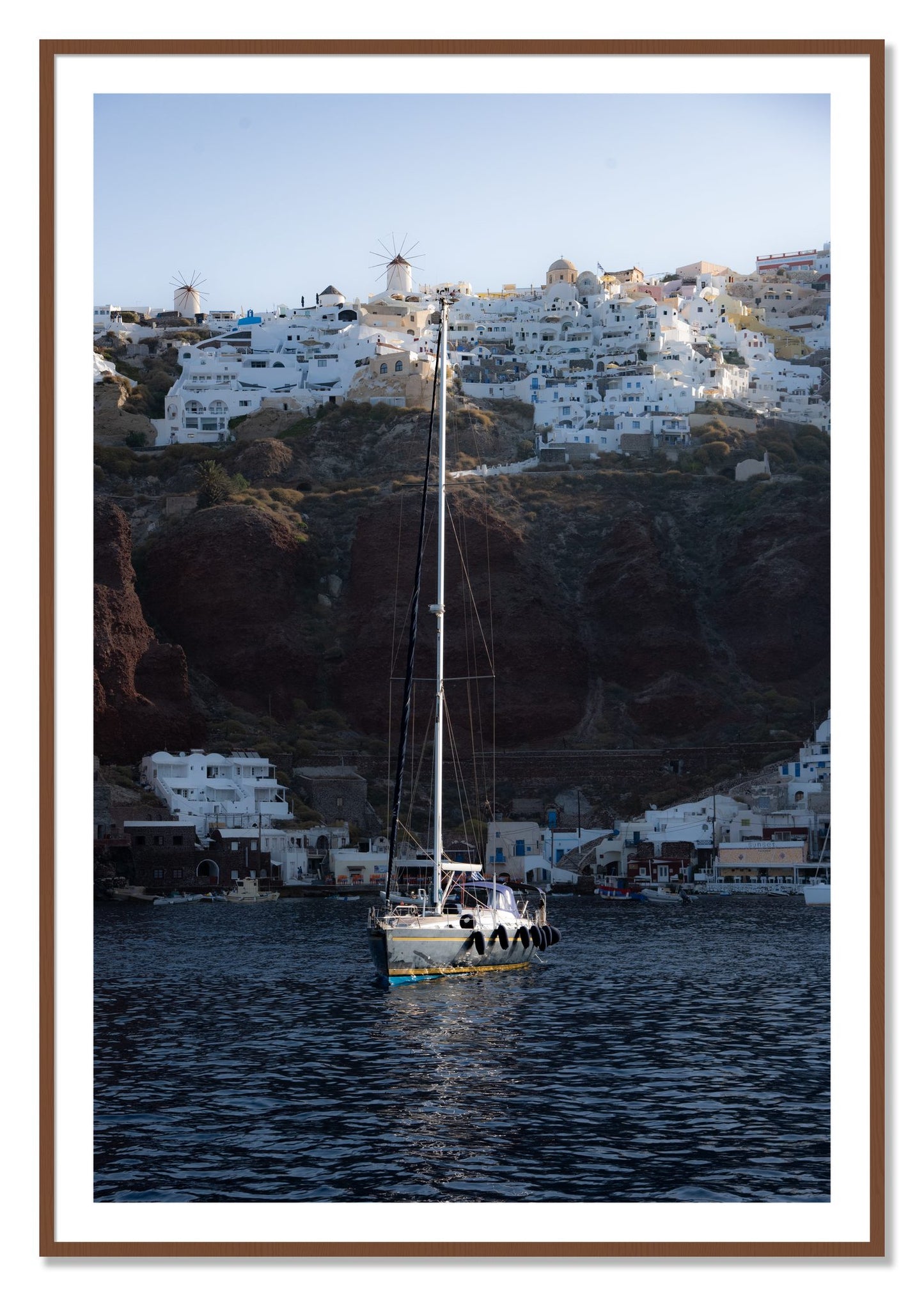 Framed photograph of Sailing In Greece by Dylan Ozanich, Walnut frame, Borders