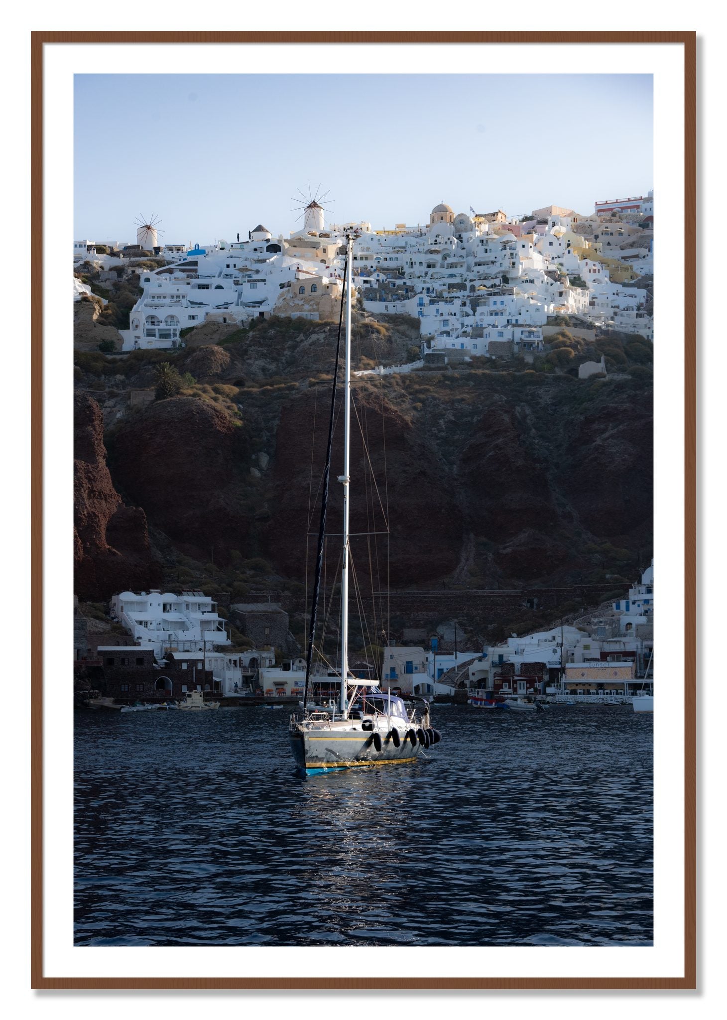 Framed photograph of Sailing In Greece by Dylan Ozanich, Walnut frame, Borders