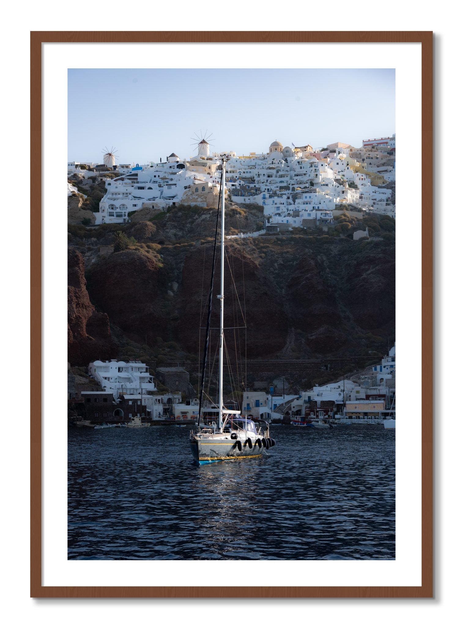 Framed photograph of Sailing In Greece by Dylan Ozanich, Walnut frame, Borders