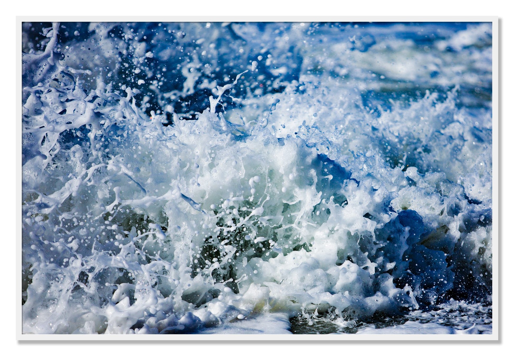 Framed photograph of Salt Splash by Dylan Ozanich, White frame, Full Bleed