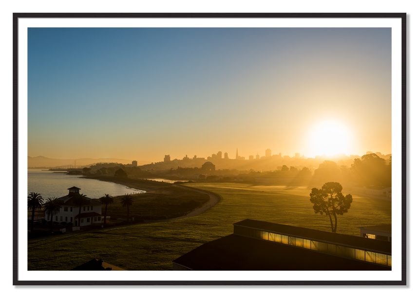San Francisco At Dawn by Dylan Ozanich, 48×72 print with a White Border in a Black Walnut frame