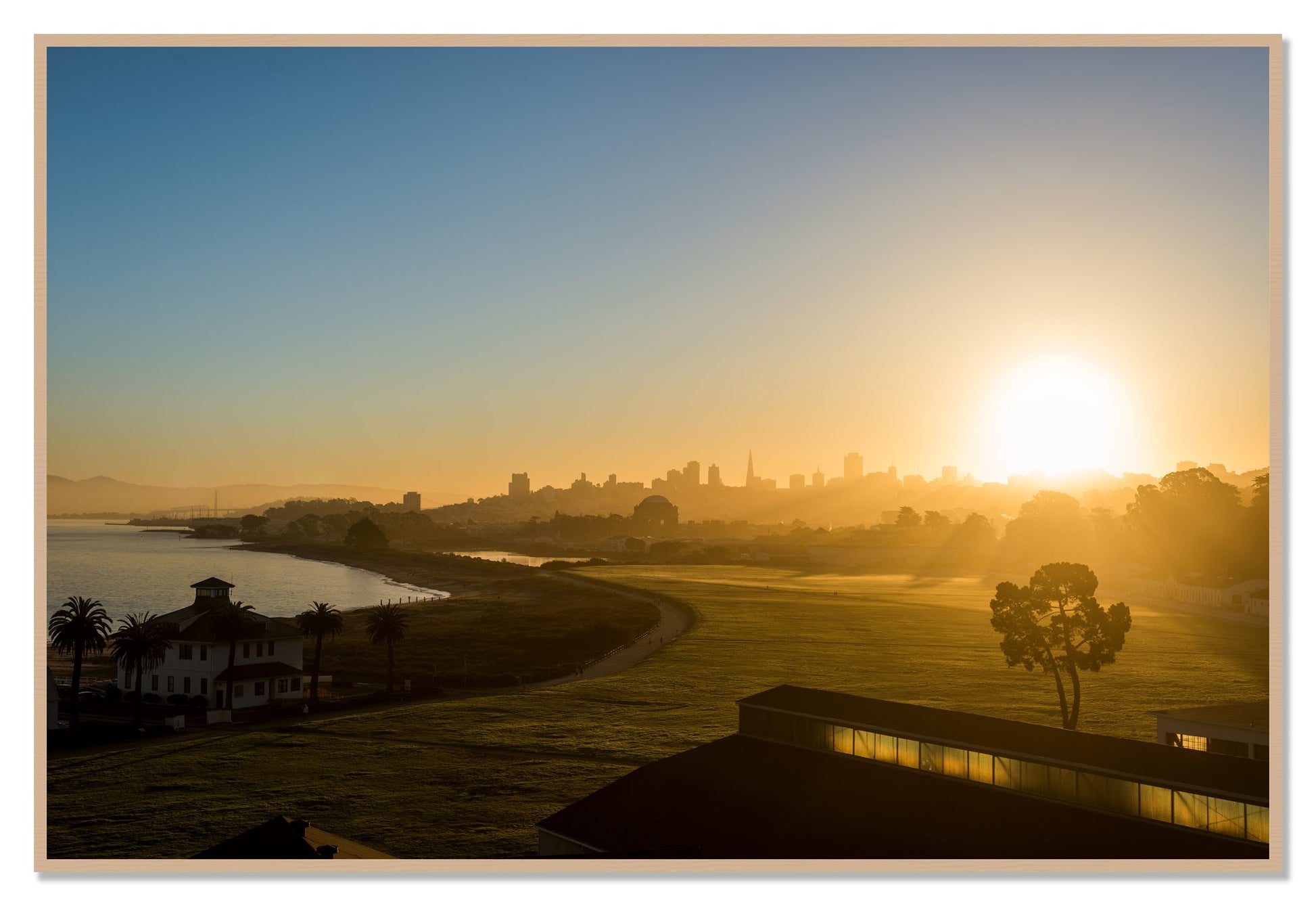 San Francisco At Dawn by Dylan Ozanich, 48×72 Full Bleed Print in an Oak frame