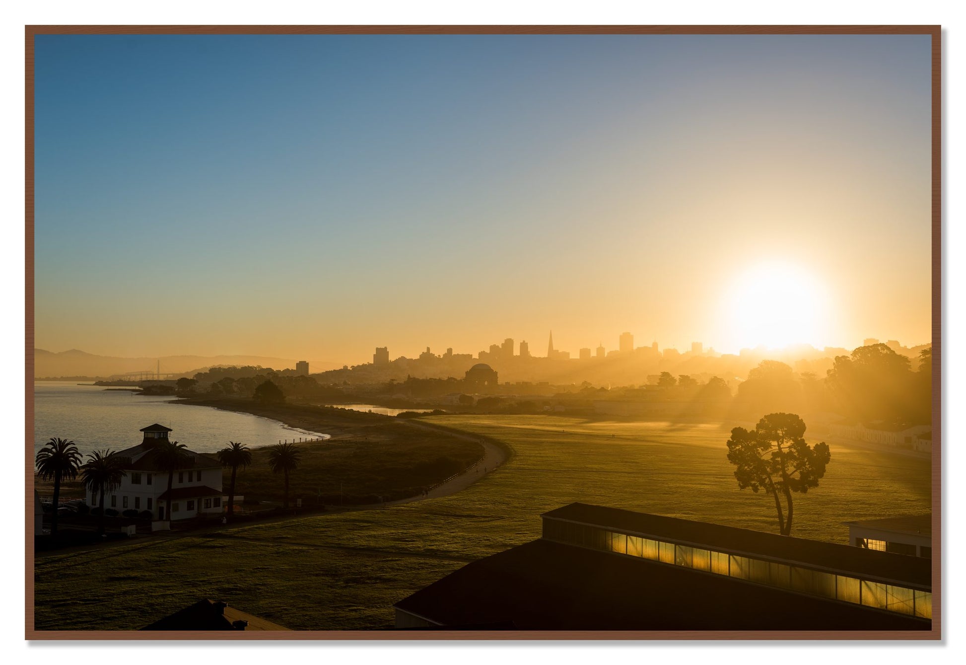 San Francisco At Dawn by Dylan Ozanich, 48×72 Full Bleed Print in a Walnut frame