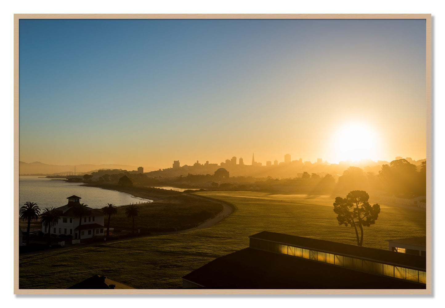Framed photograph of San Francisco At Dawn by Dylan Ozanich, Oak frame, Full Bleed