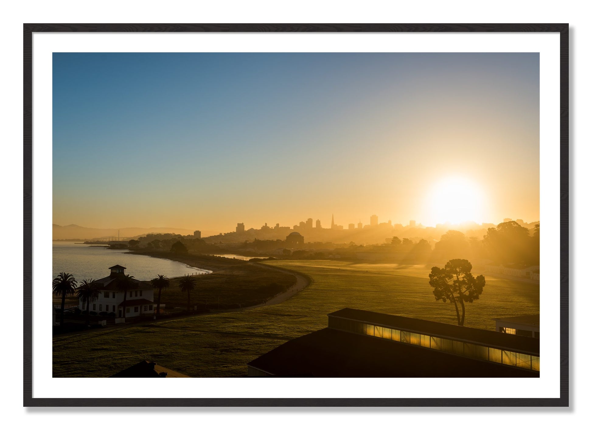Framed photograph of San Francisco At Dawn by Dylan Ozanich, Black Walnut frame, Borders