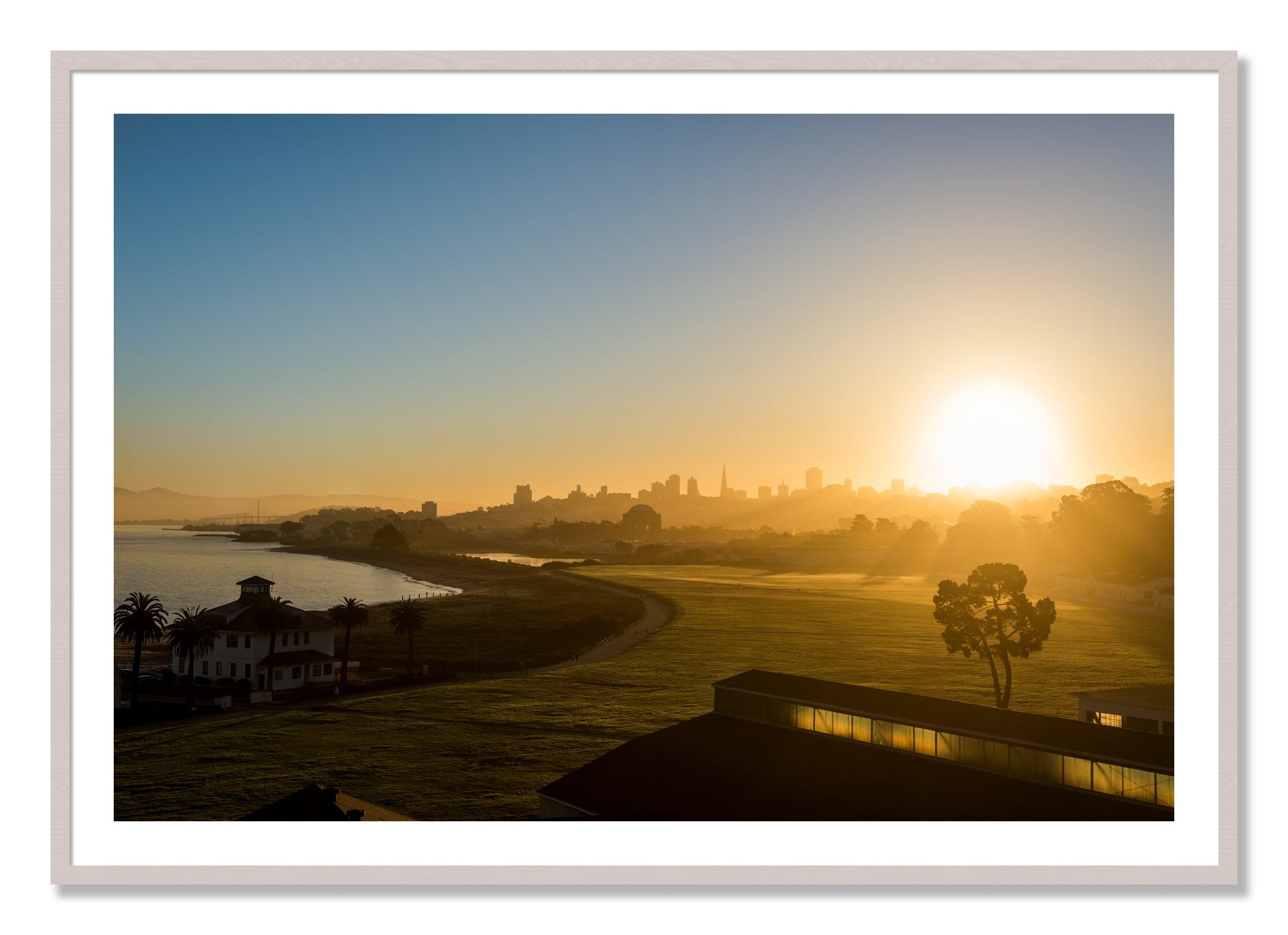 Framed photograph of San Francisco At Dawn by Dylan Ozanich, White Maple frame, Borders