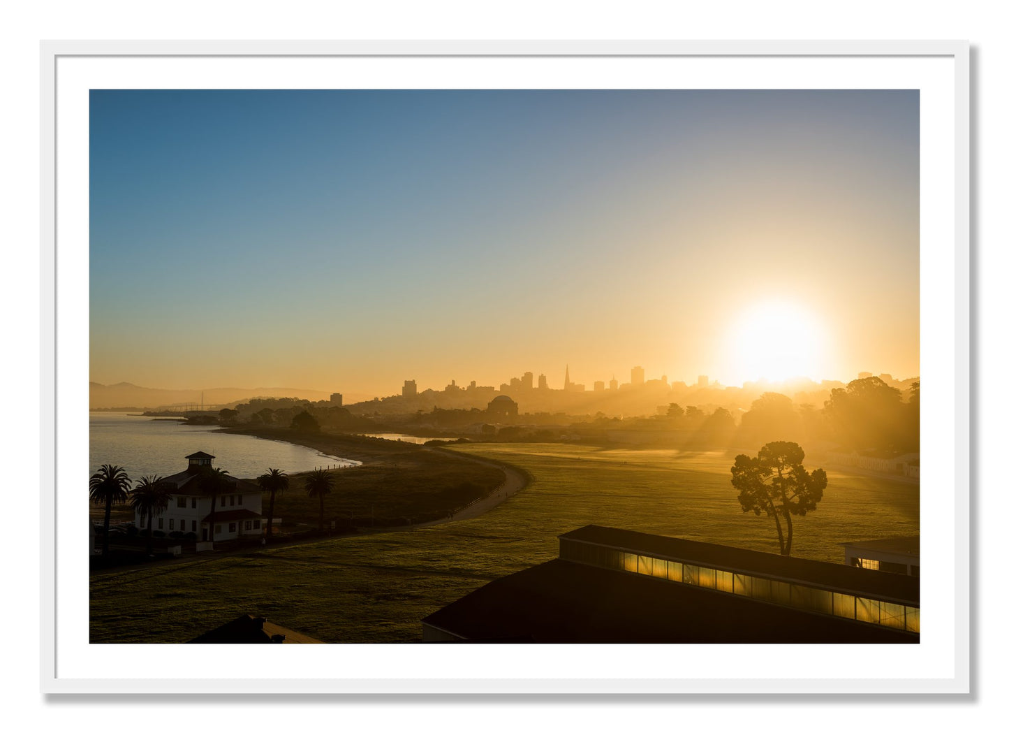 Framed photograph of San Francisco At Dawn by Dylan Ozanich, White frame, Borders