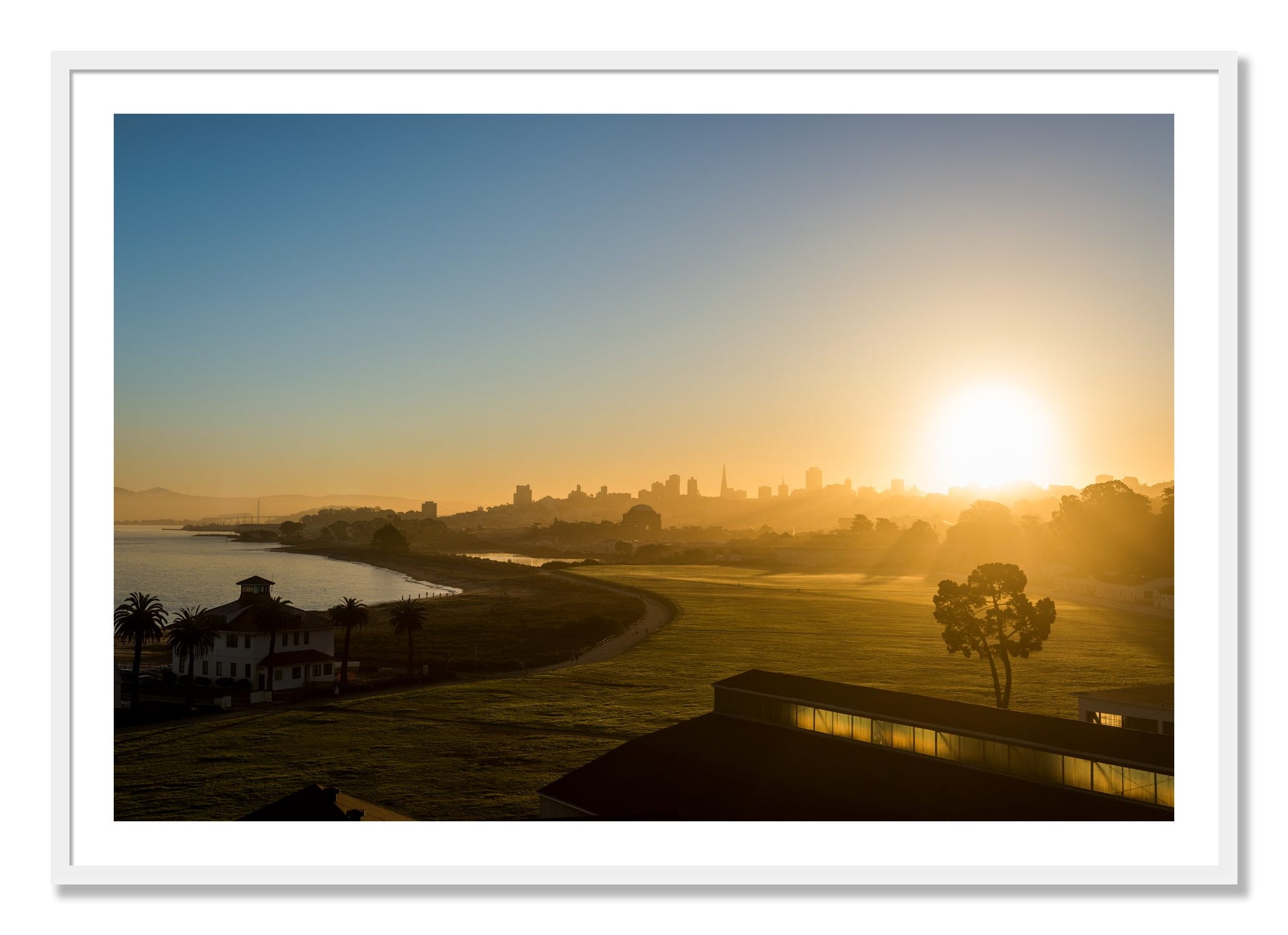 Framed photograph of San Francisco At Dawn by Dylan Ozanich, White frame, Borders