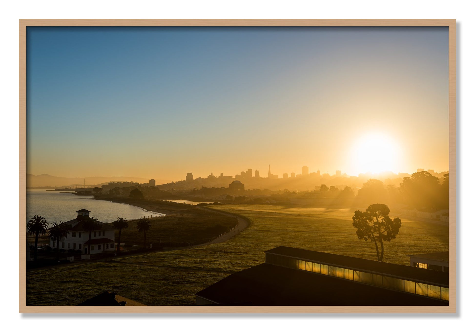 Framed photograph of San Francisco At Dawn by Dylan Ozanich, Oak frame, Full Bleed