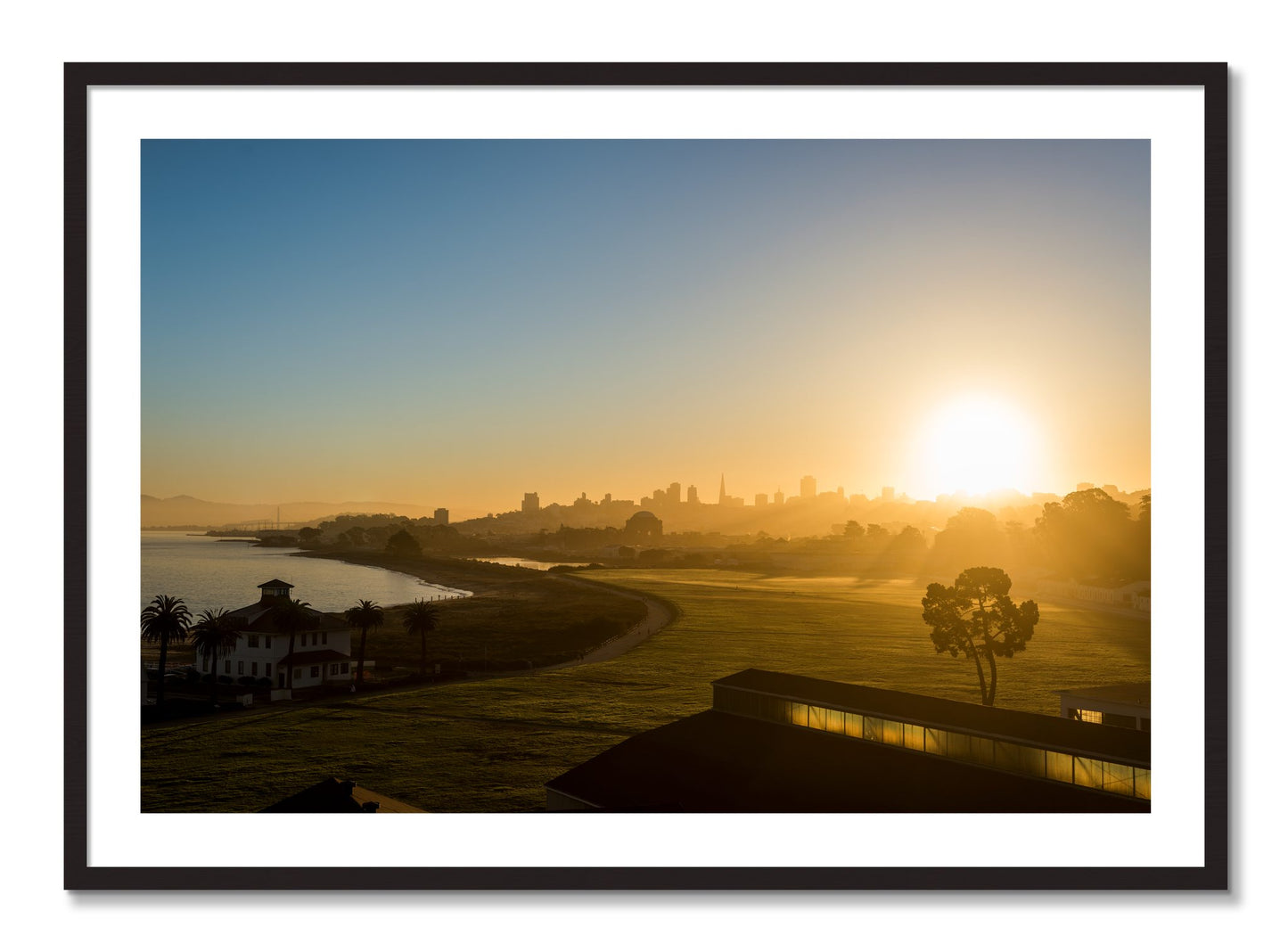Framed photograph of San Francisco At Dawn by Dylan Ozanich, Black Walnut frame, Borders