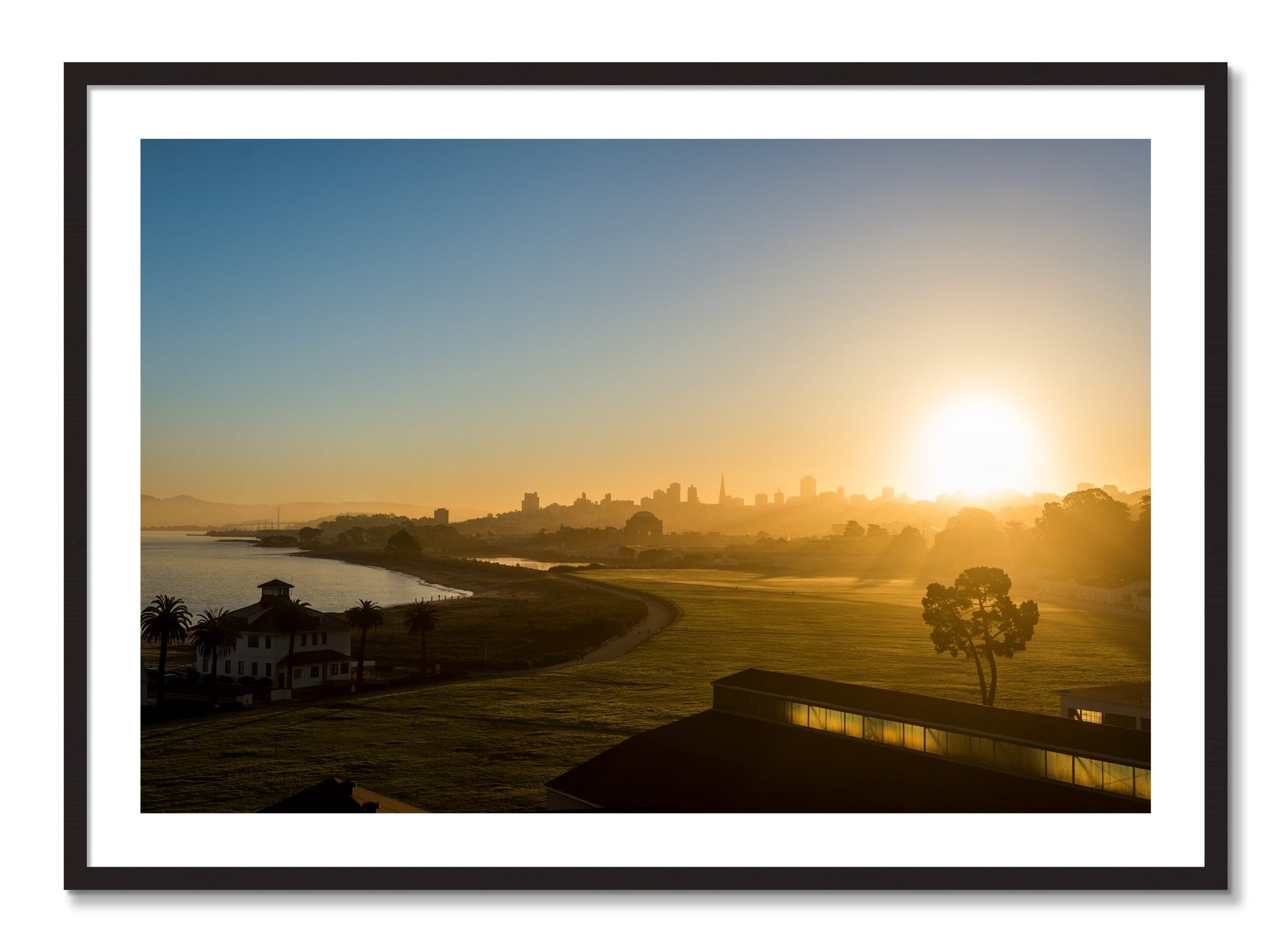 Framed photograph of San Francisco At Dawn by Dylan Ozanich, Black Walnut frame, Borders