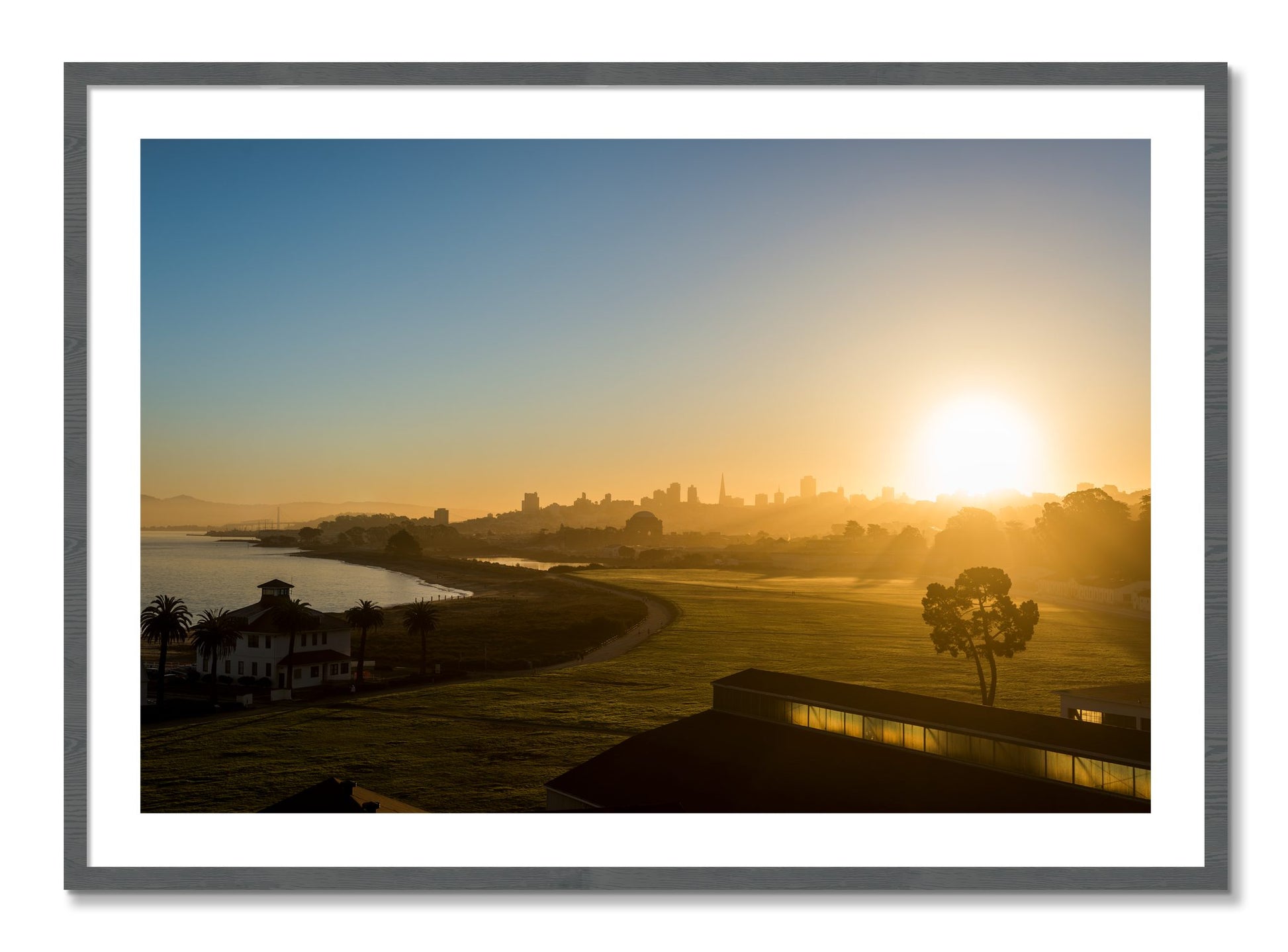 Framed photograph of San Francisco At Dawn by Dylan Ozanich, Grey frame, Borders