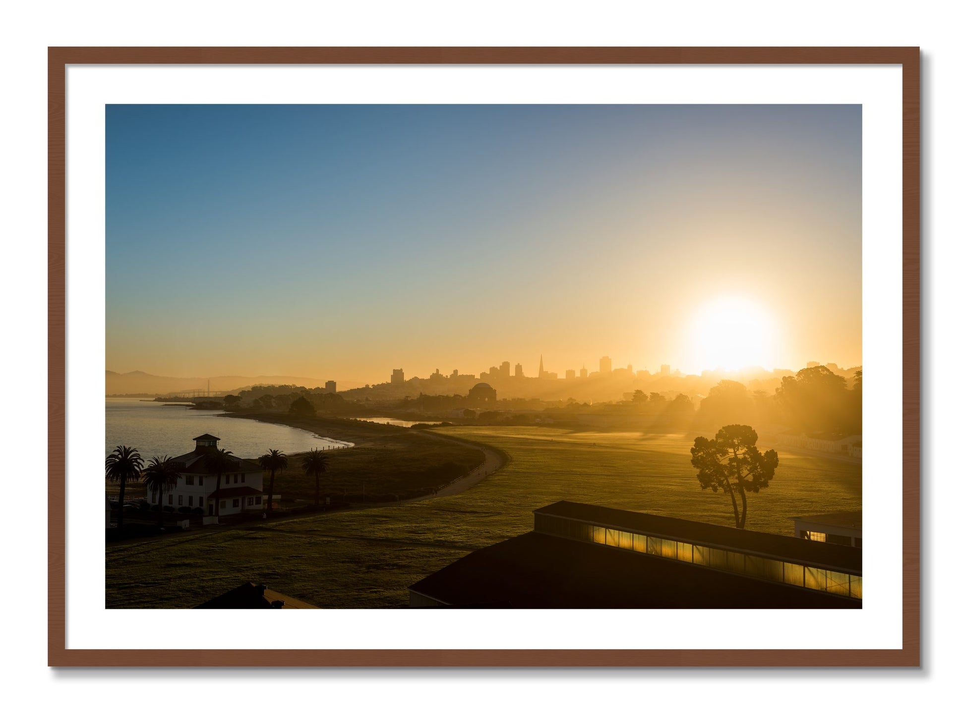 Framed photograph of San Francisco At Dawn by Dylan Ozanich, Walnut frame, Borders