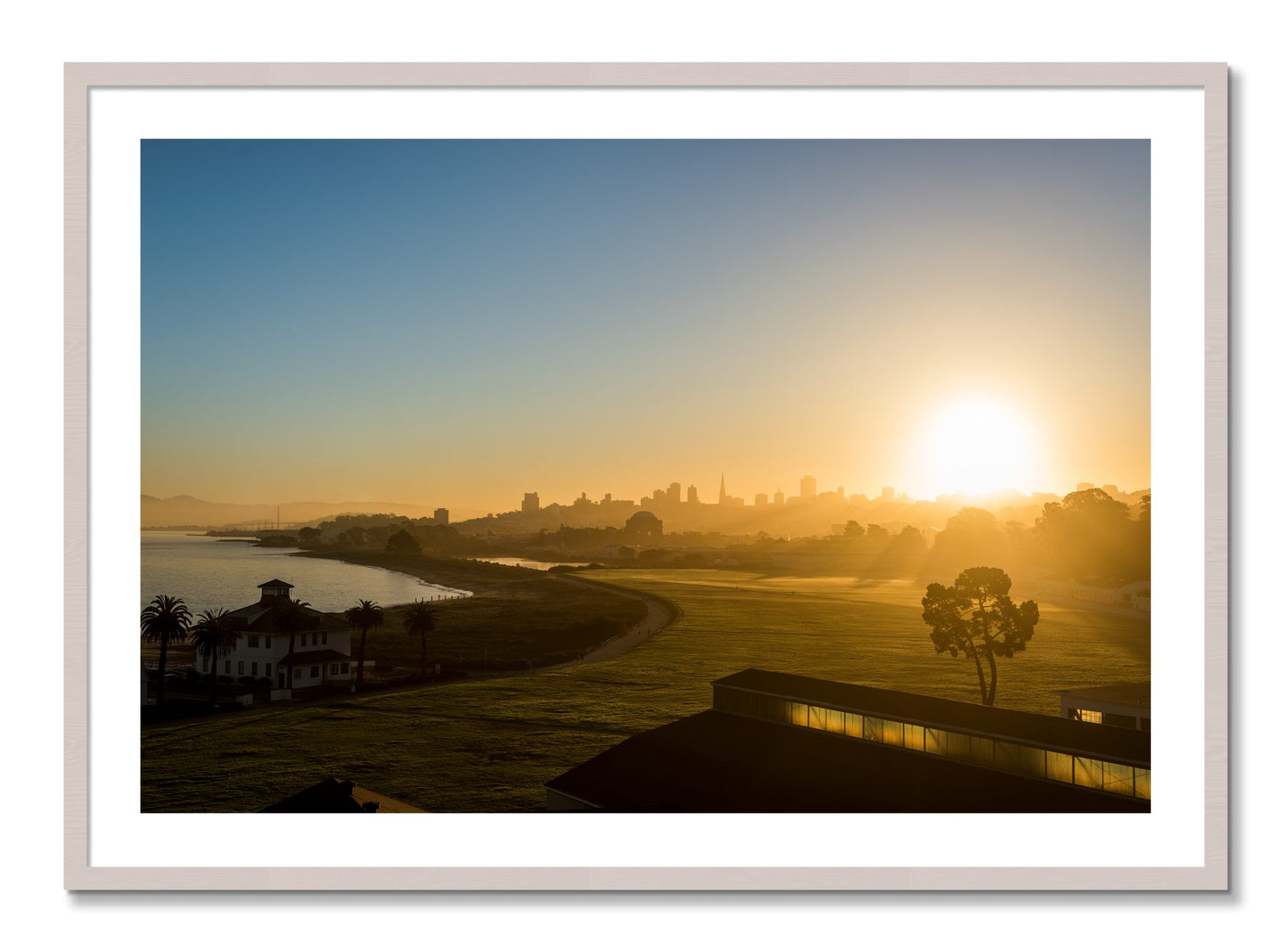 Framed photograph of San Francisco At Dawn by Dylan Ozanich, White Maple frame, Borders