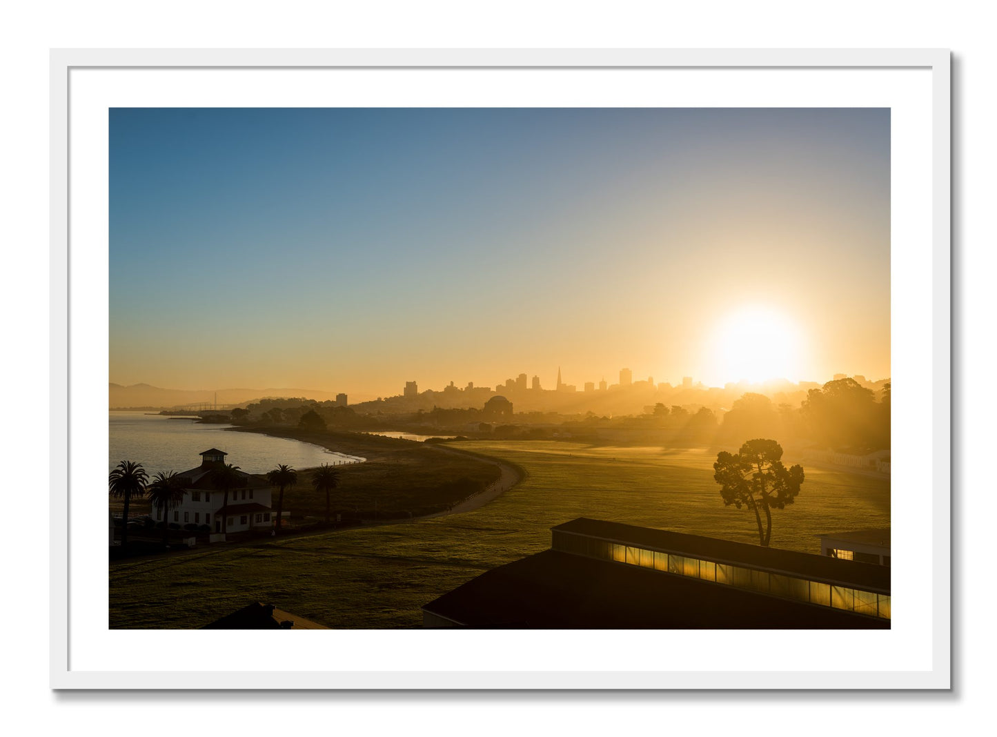 Framed photograph of San Francisco At Dawn by Dylan Ozanich, White frame, Borders
