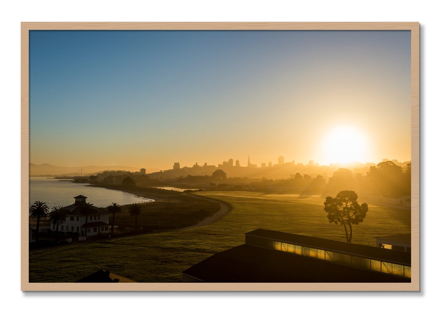 Framed photograph of San Francisco At Dawn by Dylan Ozanich, Oak frame, Full Bleed
