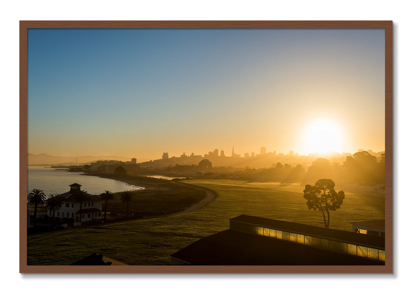 Framed photograph of San Francisco At Dawn by Dylan Ozanich, Walnut frame, Full Bleed