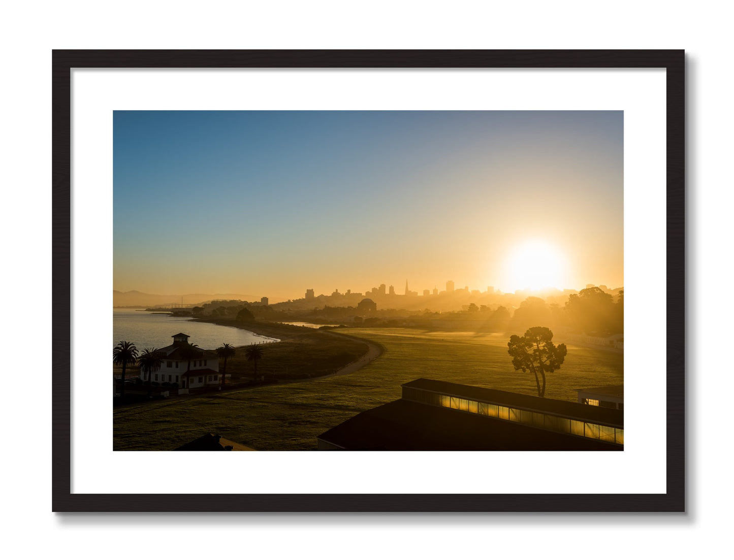 Framed photograph of San Francisco At Dawn by Dylan Ozanich, Black Walnut frame, Borders