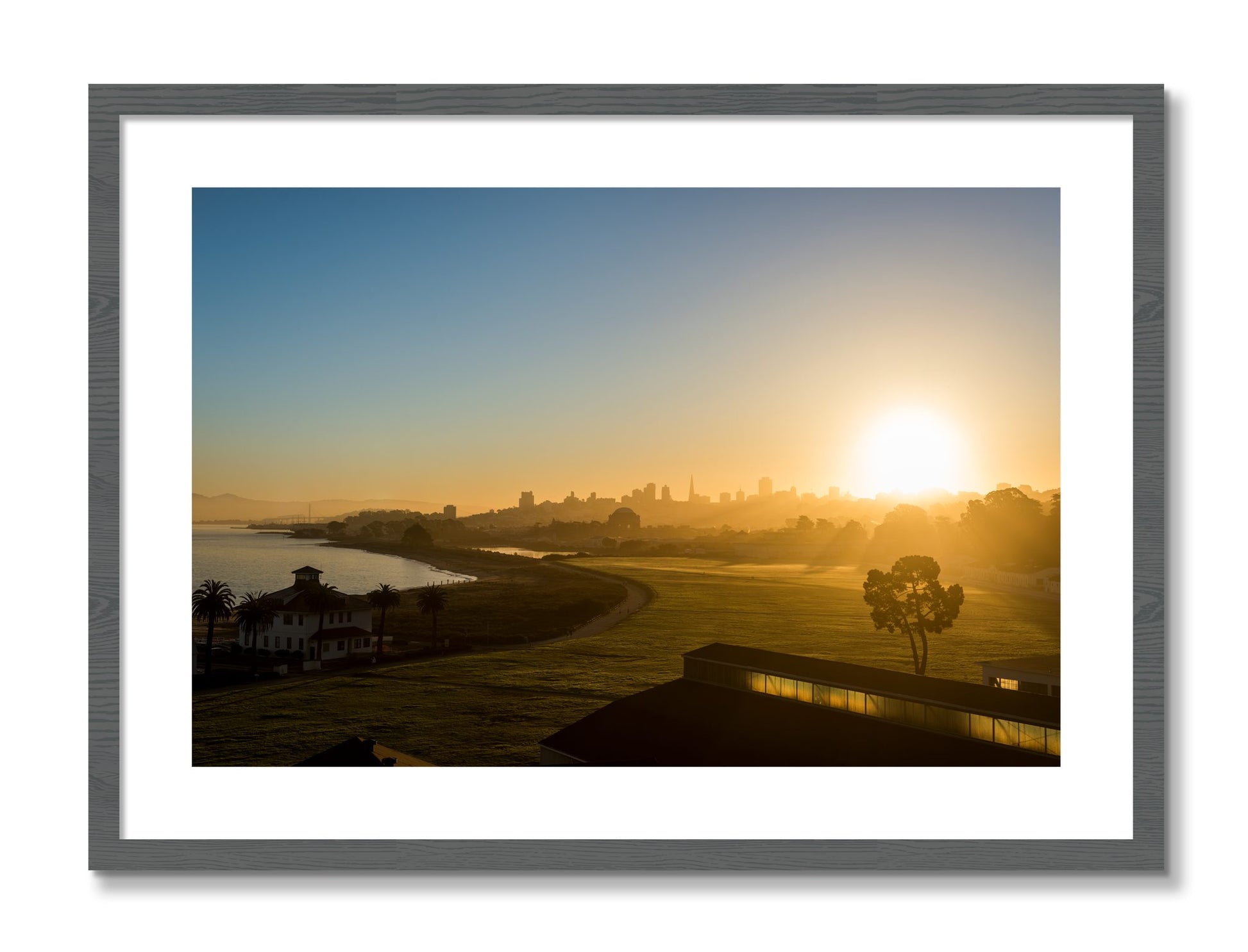 Framed photograph of San Francisco At Dawn by Dylan Ozanich, Grey frame, Borders