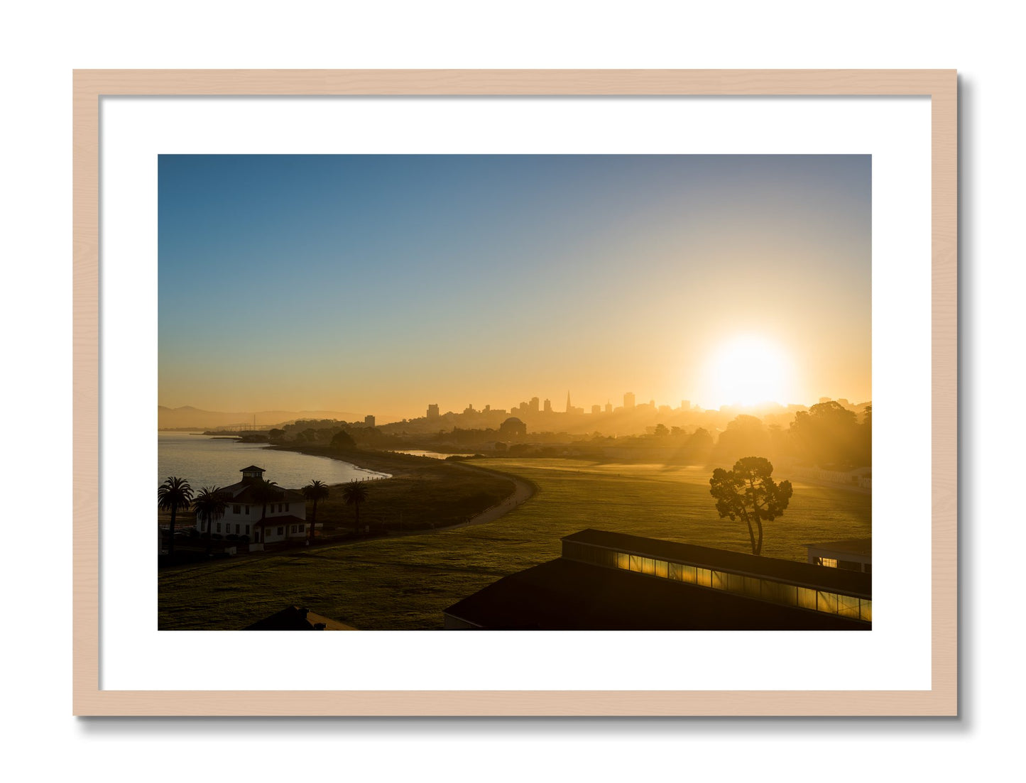 Framed photograph of San Francisco At Dawn by Dylan Ozanich, Maple frame, Borders