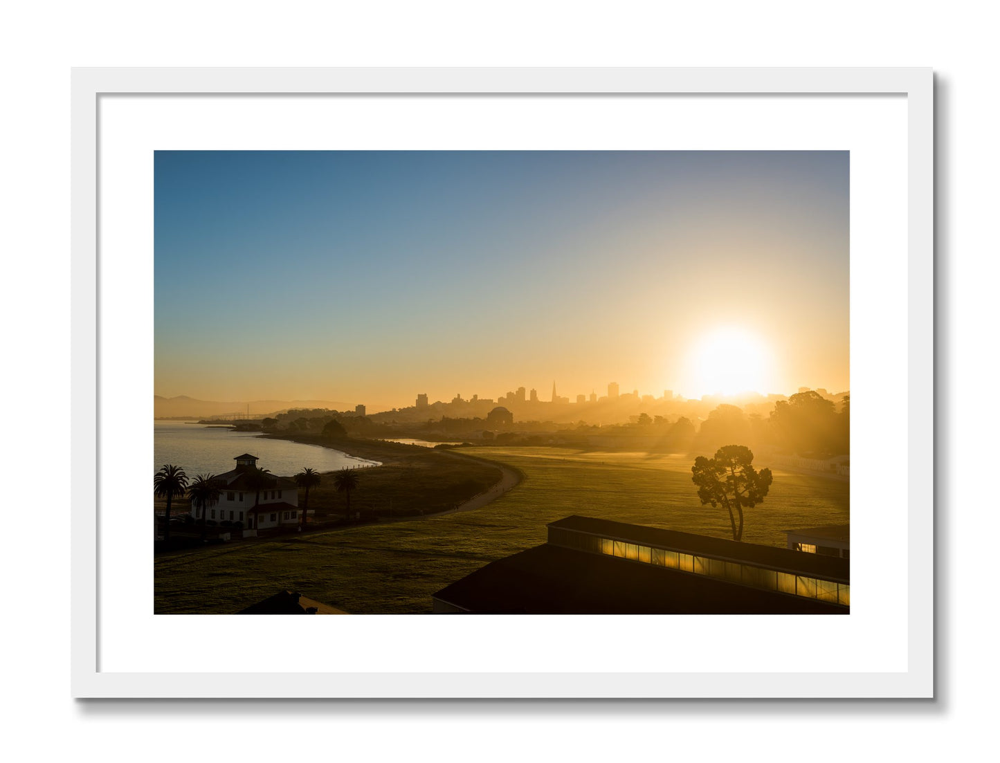 Framed photograph of San Francisco At Dawn by Dylan Ozanich, White frame, Borders