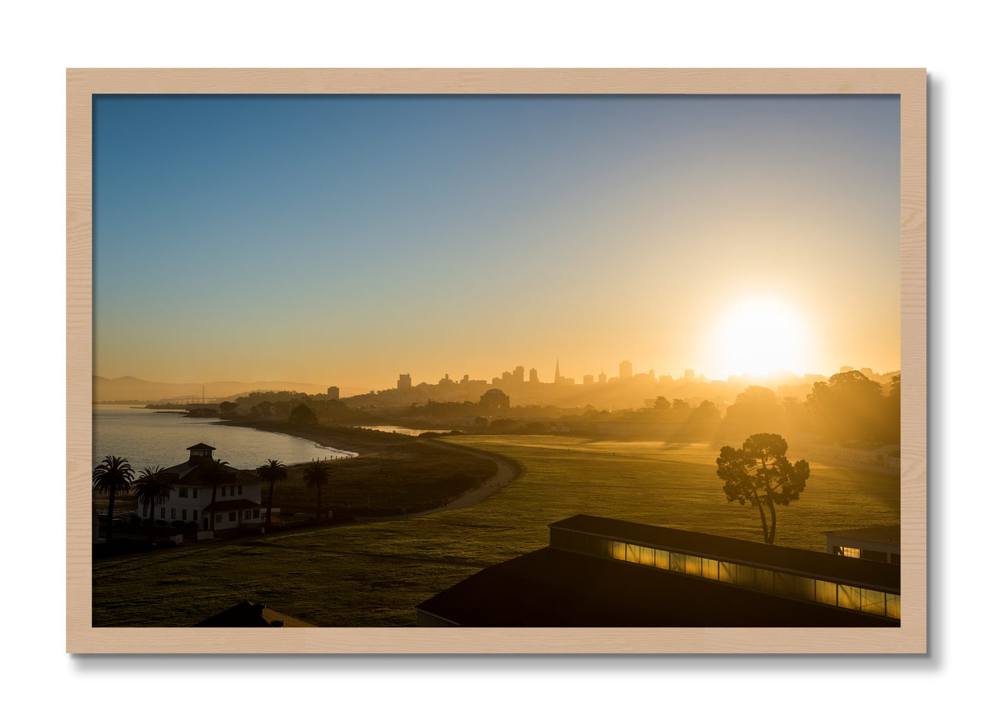 Framed photograph of San Francisco At Dawn by Dylan Ozanich, Oak frame, Full Bleed