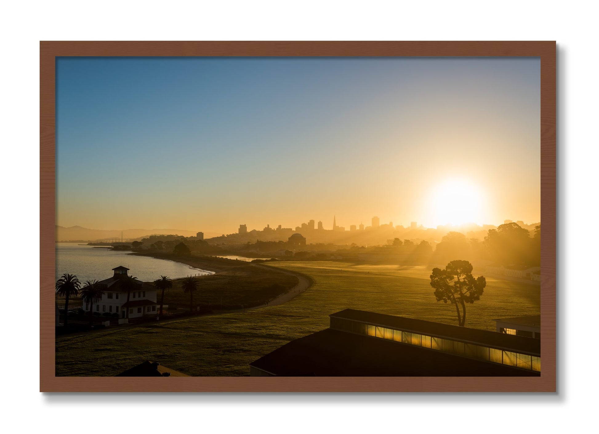 Framed photograph of San Francisco At Dawn by Dylan Ozanich, Walnut frame, Full Bleed