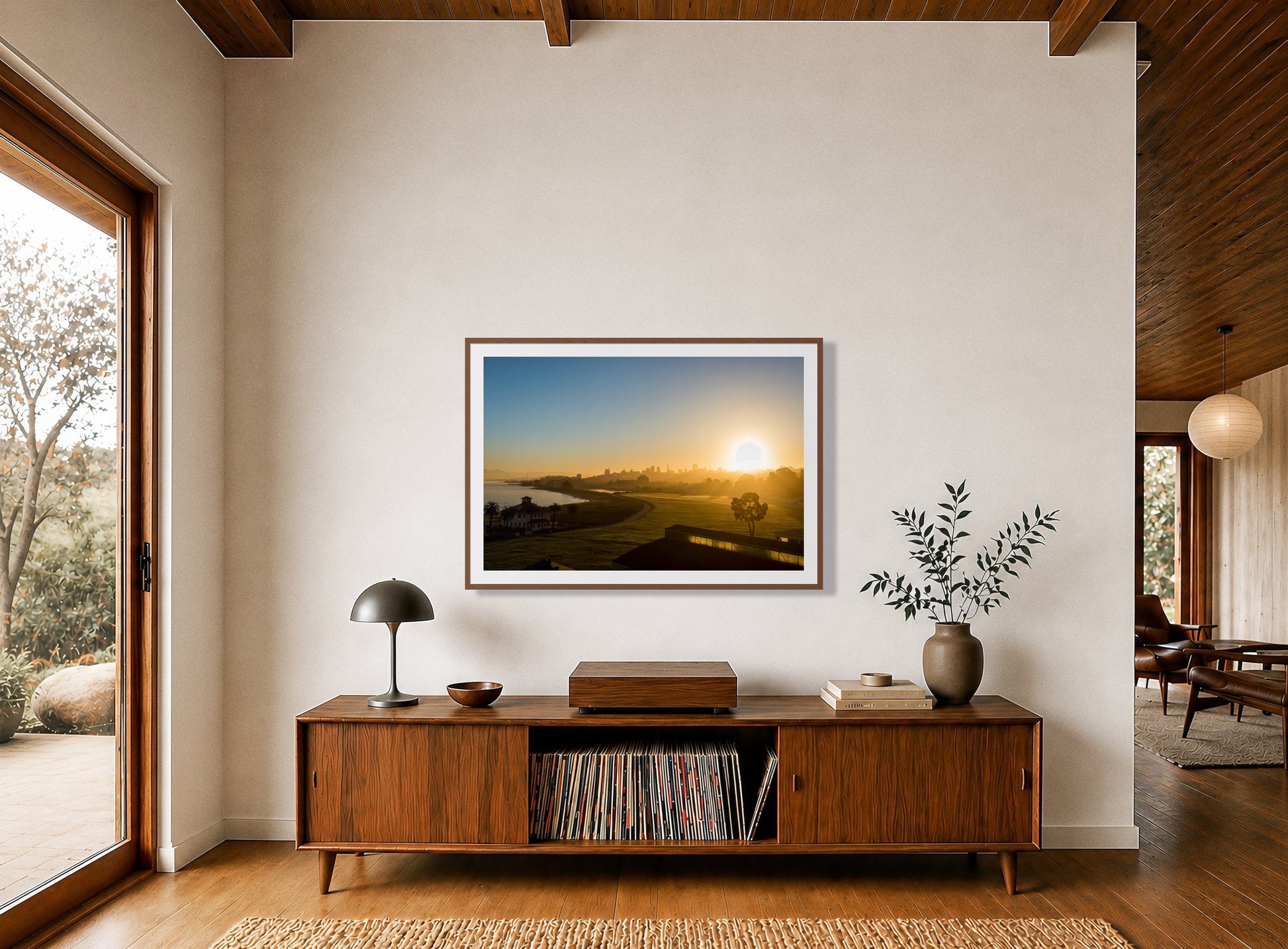 Framed photograph of San Francisco At Dawn by Dylan Ozanich displayed on a wall