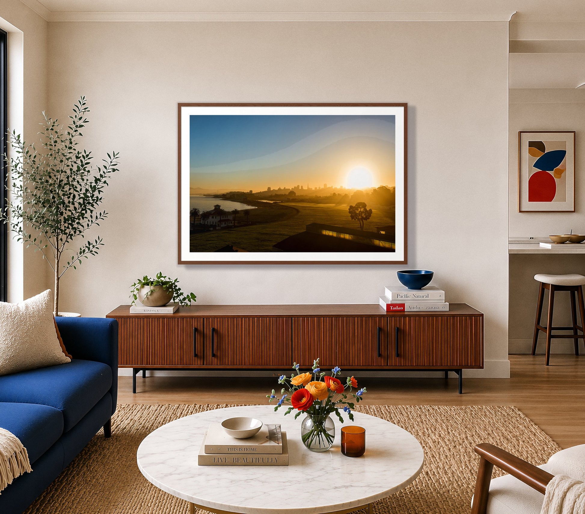 San Francisco At Dawn by Dylan Ozanich in a Walnut frame, above a walnut credenza in a bright living room with a blue sofa