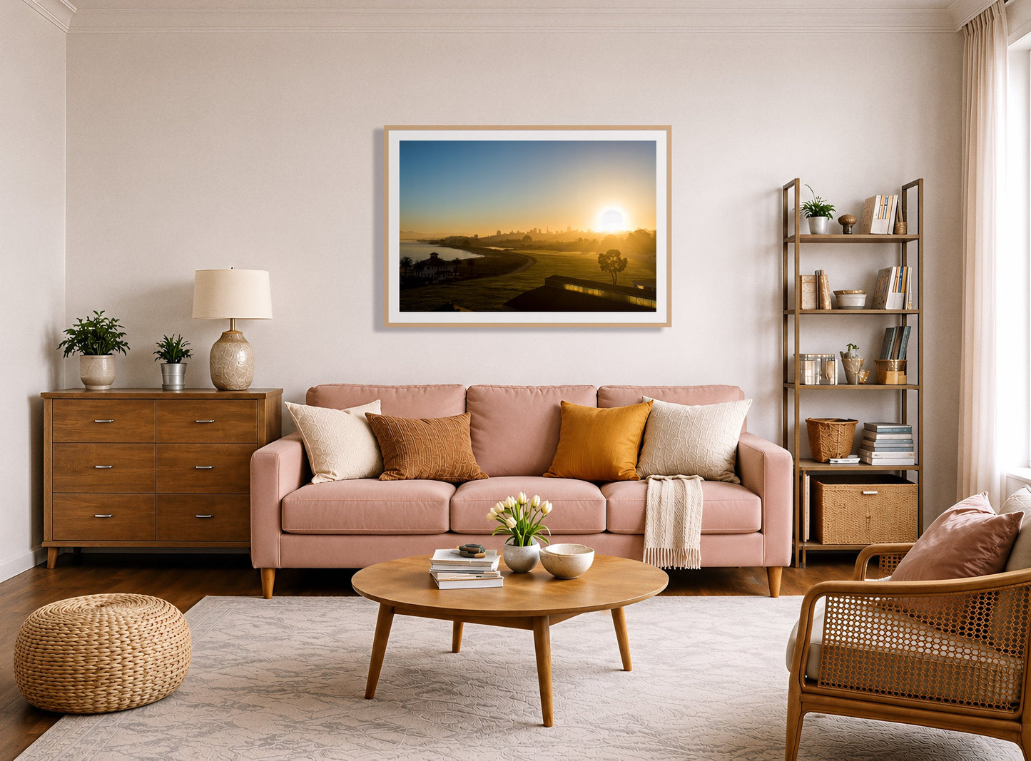 Framed photograph of San Francisco At Dawn by Dylan Ozanich displayed on a wall