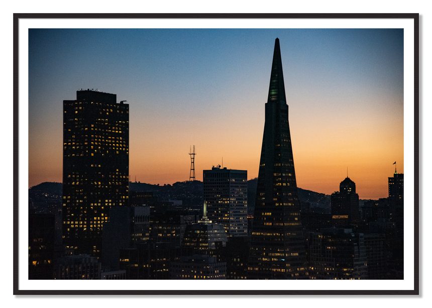 San Francisco Skyline by Dylan Ozanich, 48×72 print with a White Border in a Black Walnut frame