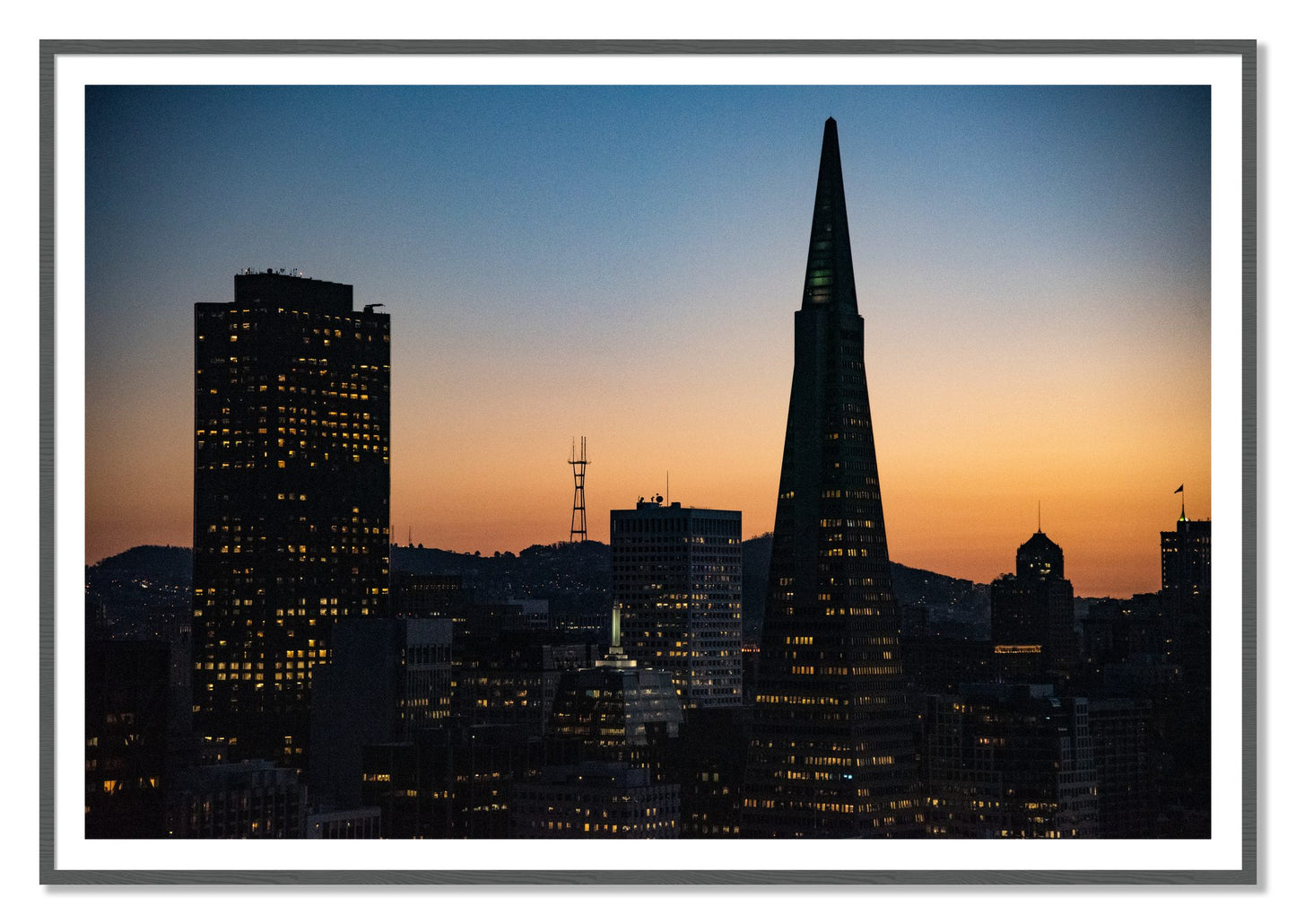 San Francisco Skyline by Dylan Ozanich, 48×72 print with a White Border in a Grey frame