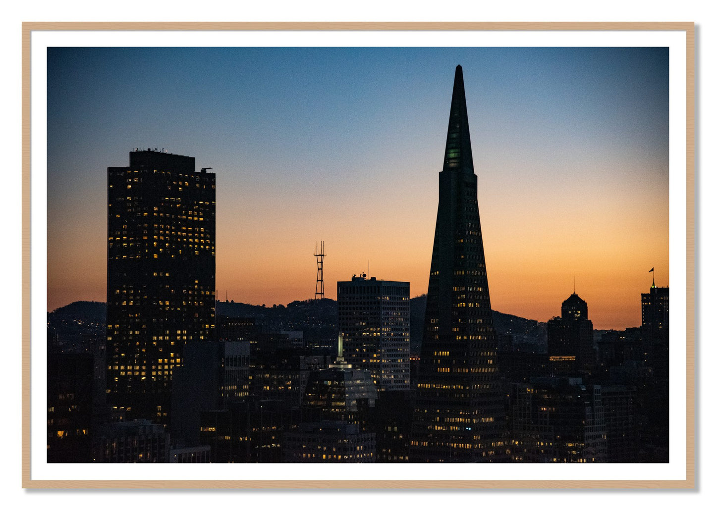 San Francisco Skyline by Dylan Ozanich, 48×72 print with a White Border in an Oak frame