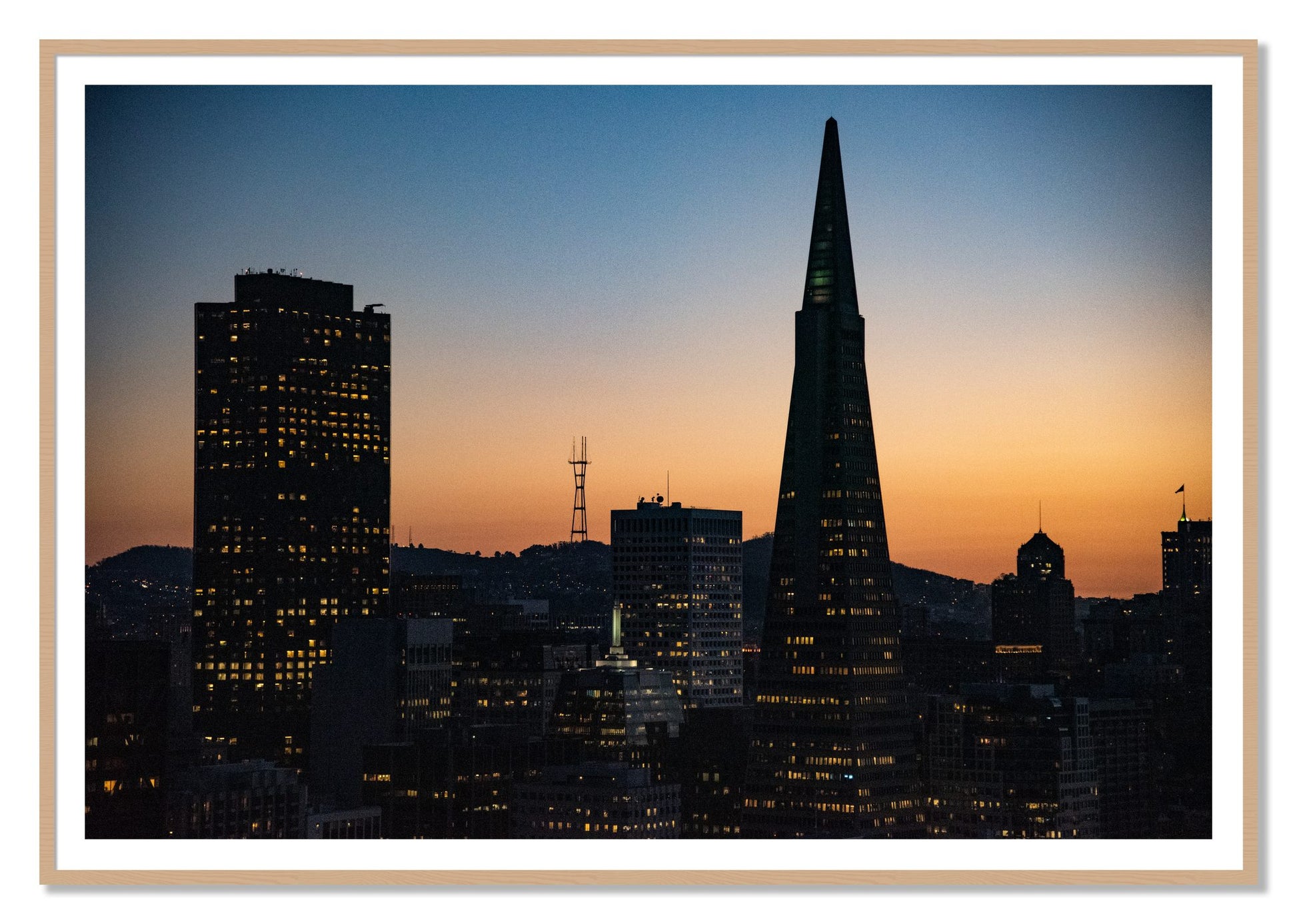 San Francisco Skyline by Dylan Ozanich, 48×72 print with a White Border in an Oak frame