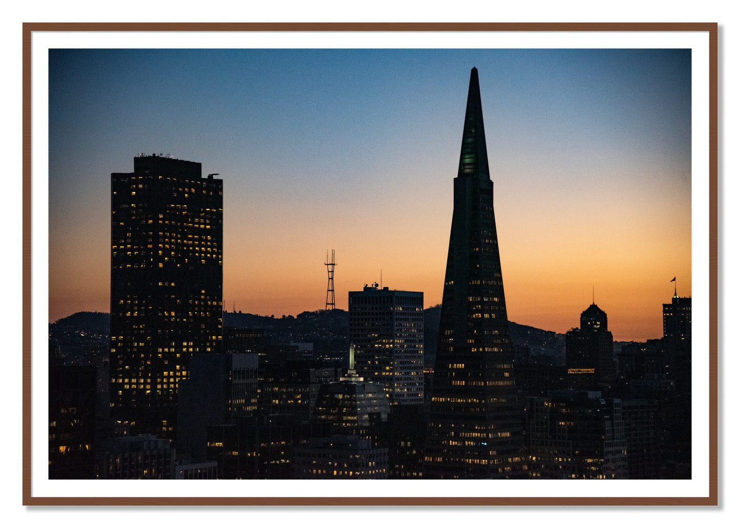 San Francisco Skyline by Dylan Ozanich, 48×72 print with a White Border in a Walnut frame