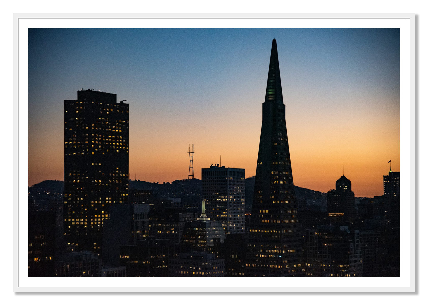 San Francisco Skyline by Dylan Ozanich, 48×72 print with a White Border in a White frame