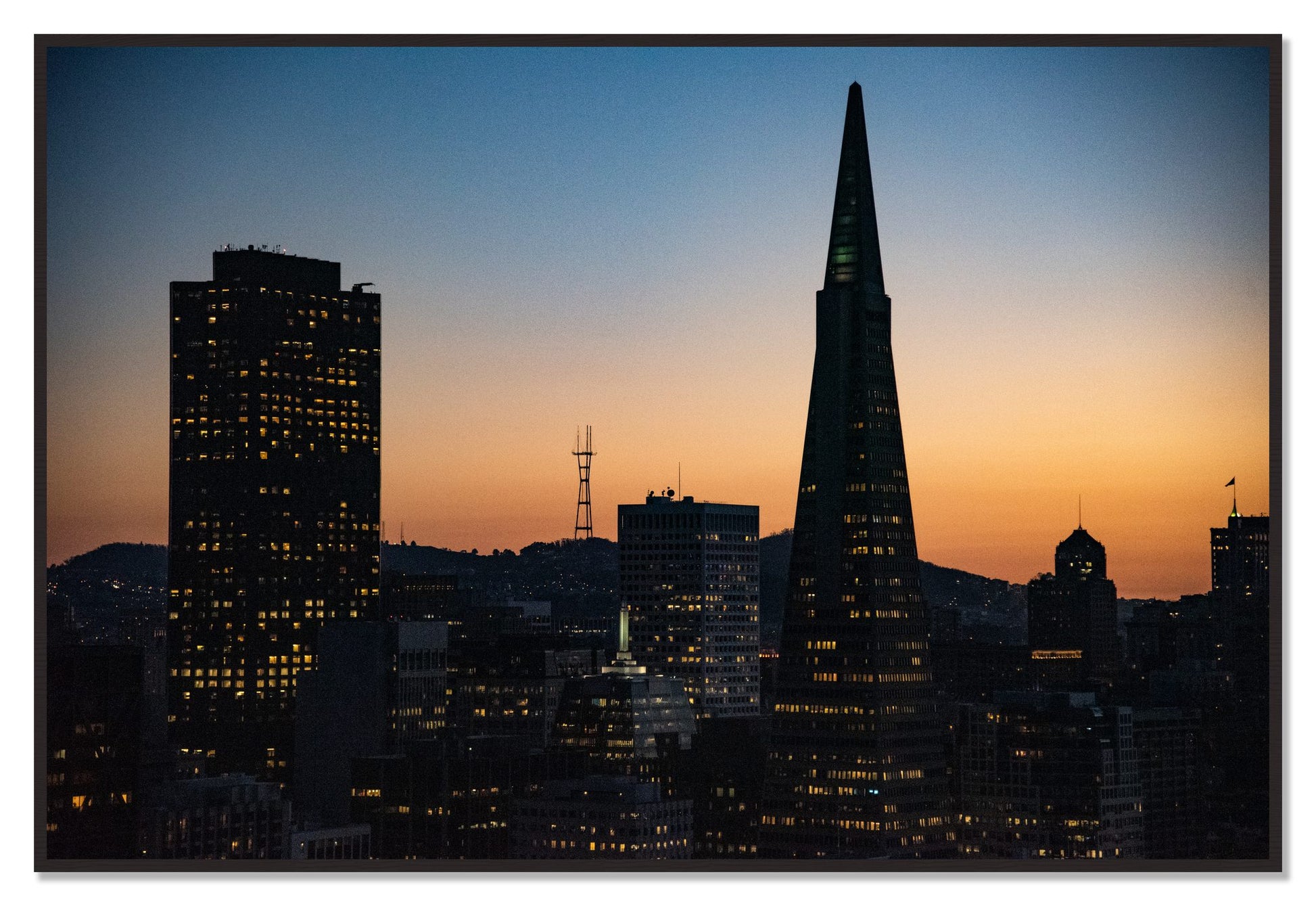 San Francisco Skyline by Dylan Ozanich, 48×72 Full Bleed Print in a Black Walnut frame