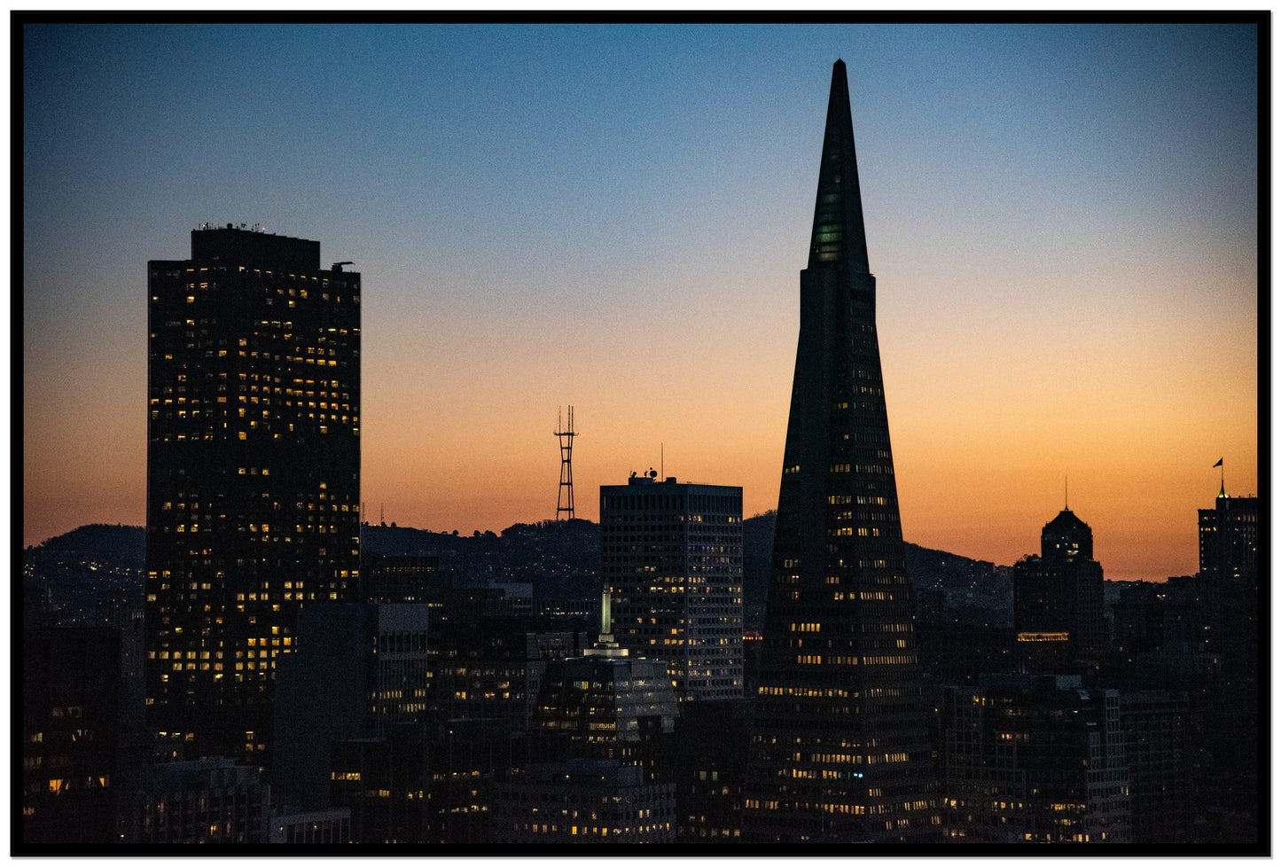 San Francisco Skyline by Dylan Ozanich, 48×72 Full Bleed Print in a Black frame