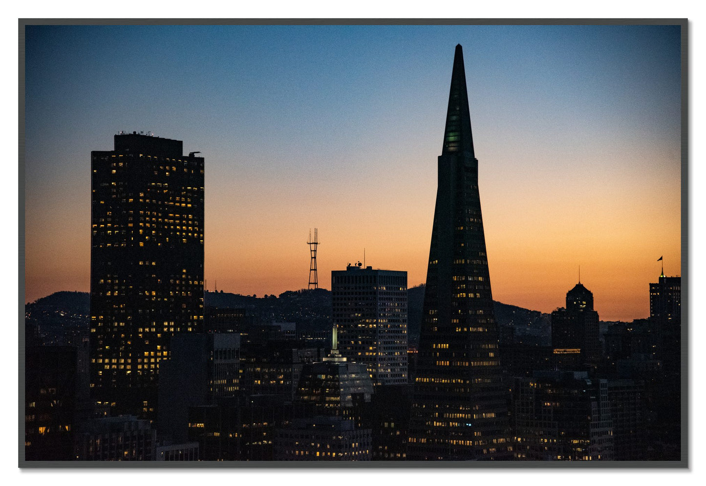 San Francisco Skyline by Dylan Ozanich, 48×72 Full Bleed Print in a Grey frame
