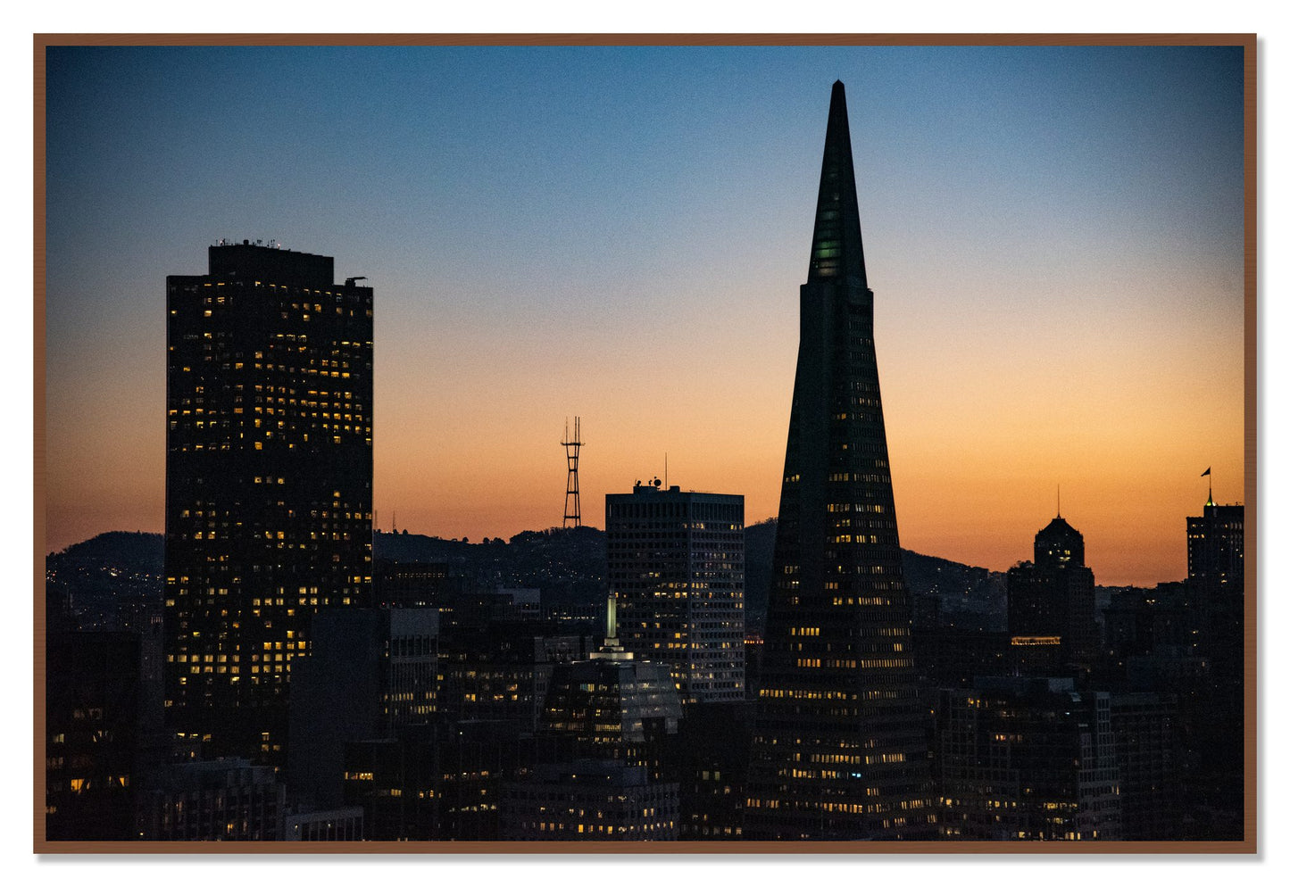 San Francisco Skyline by Dylan Ozanich, 48×72 Full Bleed Print in a Walnut frame