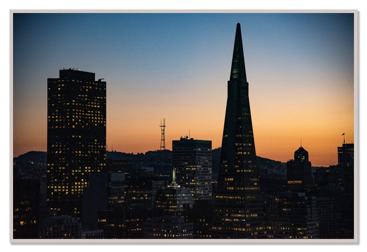 San Francisco Skyline by Dylan Ozanich, 48×72 Full Bleed Print in a White Maple frame