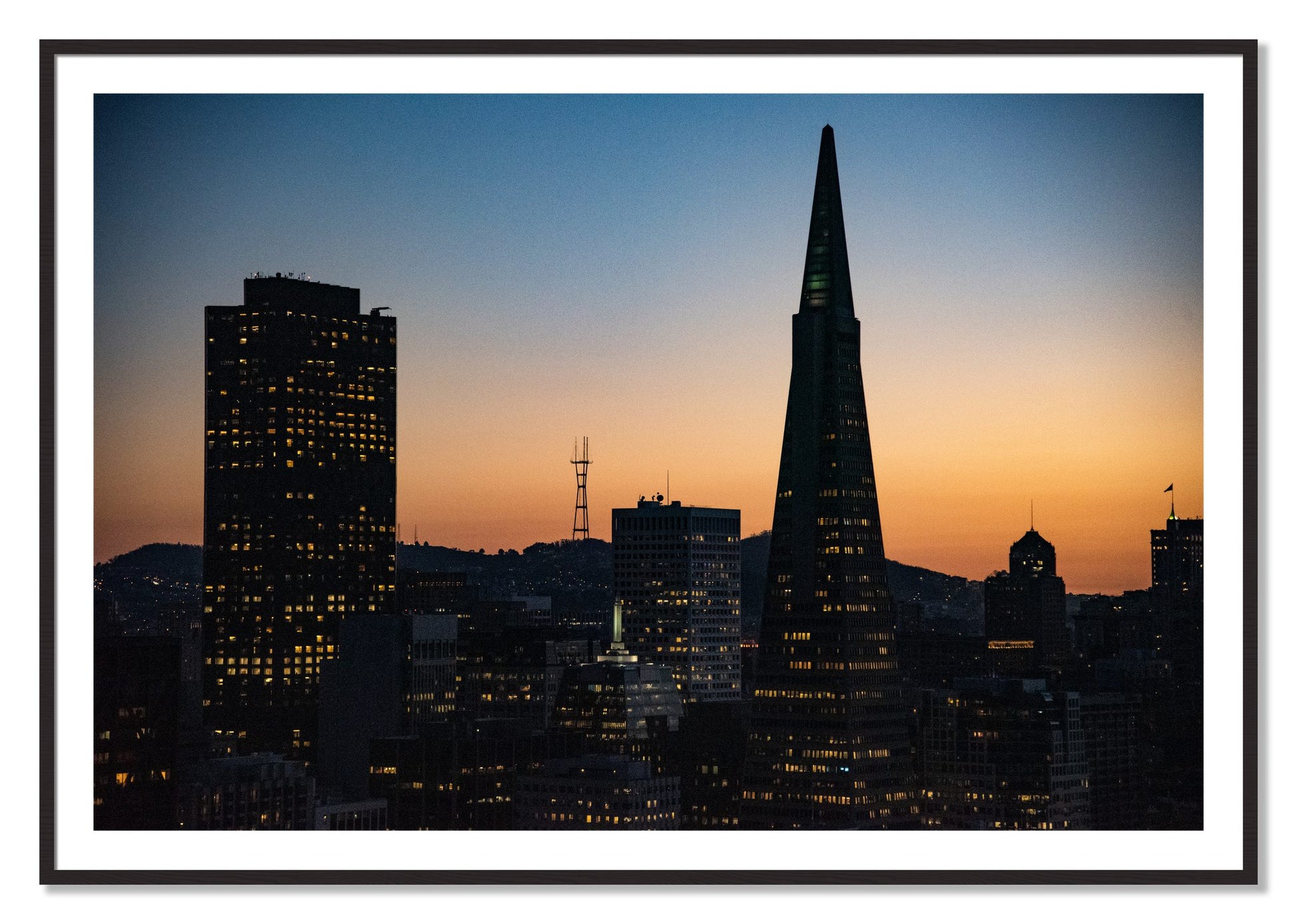 Framed photograph of San Francisco Skyline by Dylan Ozanich, Black Walnut frame, Borders
