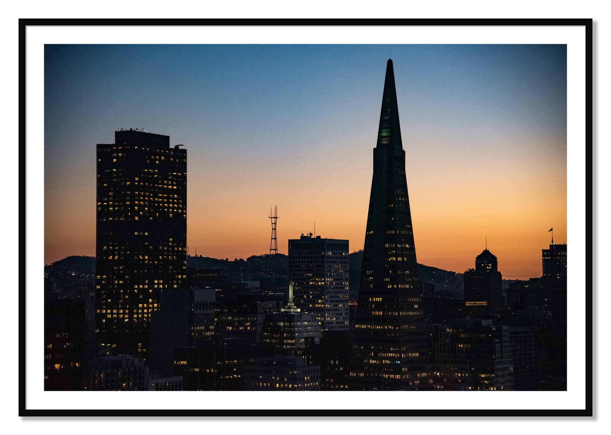 Framed photograph of San Francisco Skyline by Dylan Ozanich, Black frame, Borders