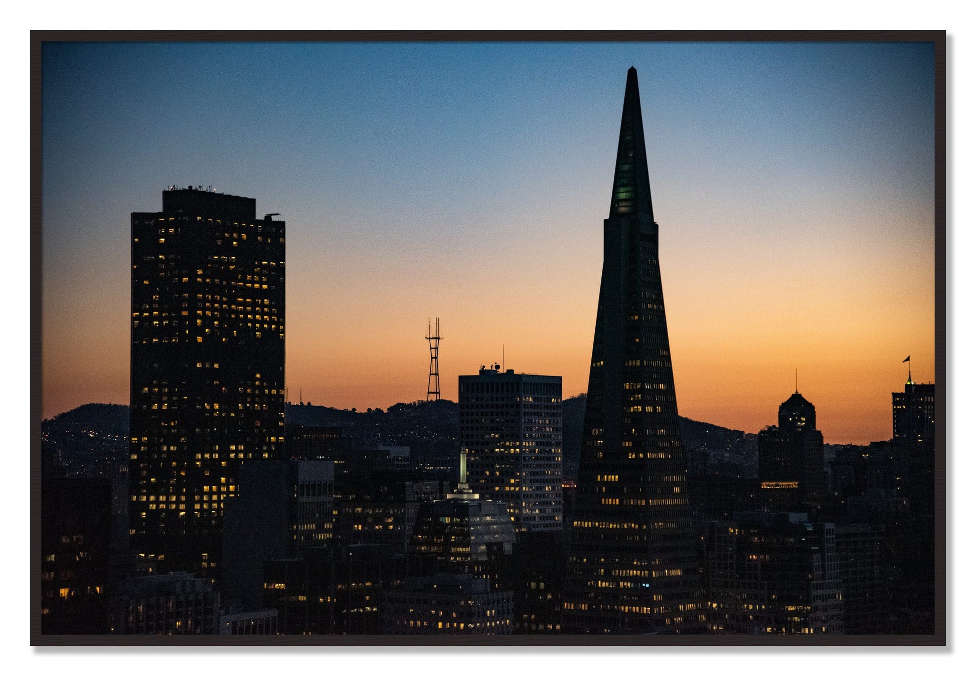 Framed photograph of San Francisco Skyline by Dylan Ozanich, Black Walnut frame, Full Bleed