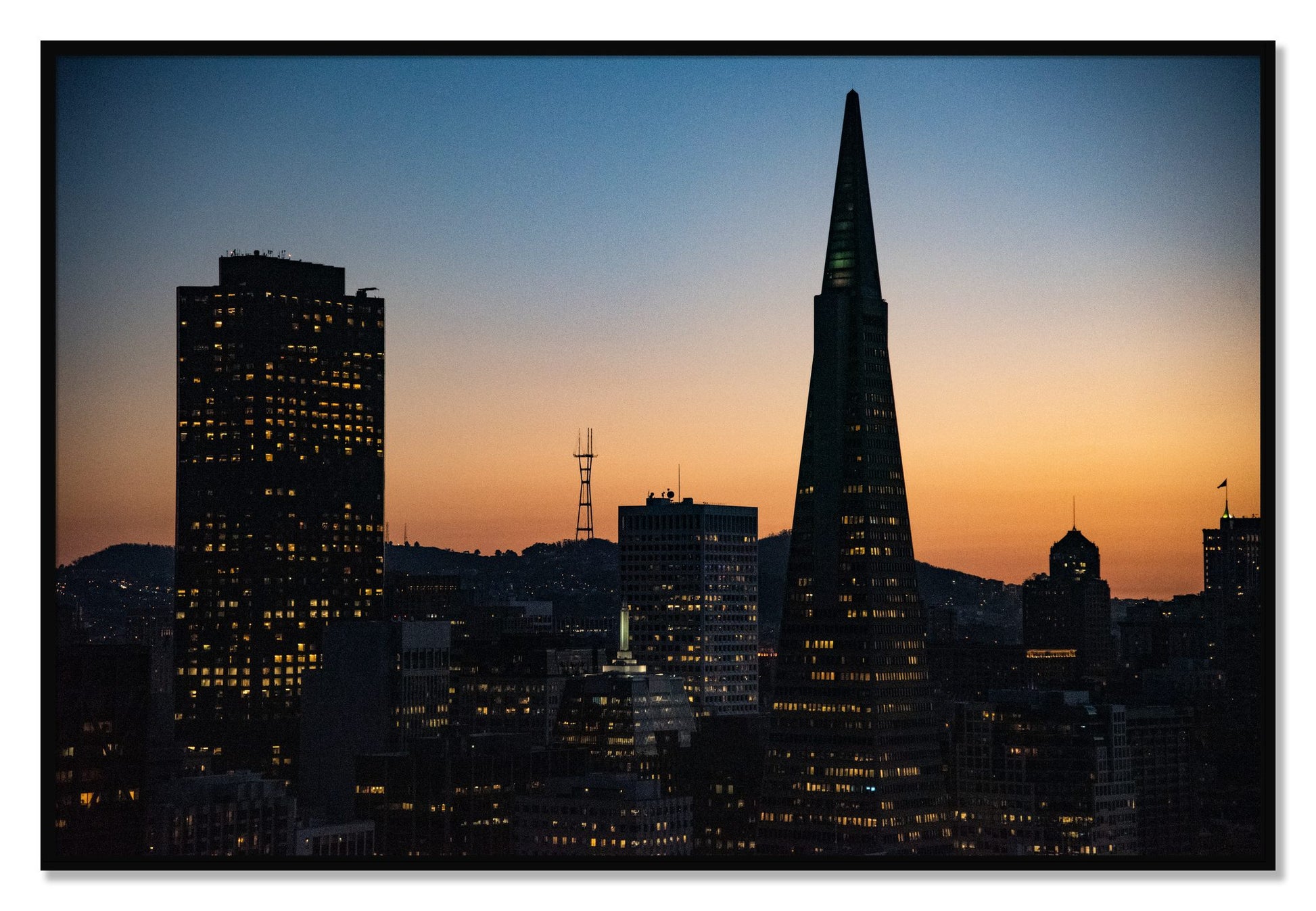 Framed photograph of San Francisco Skyline by Dylan Ozanich, Black frame, Full Bleed